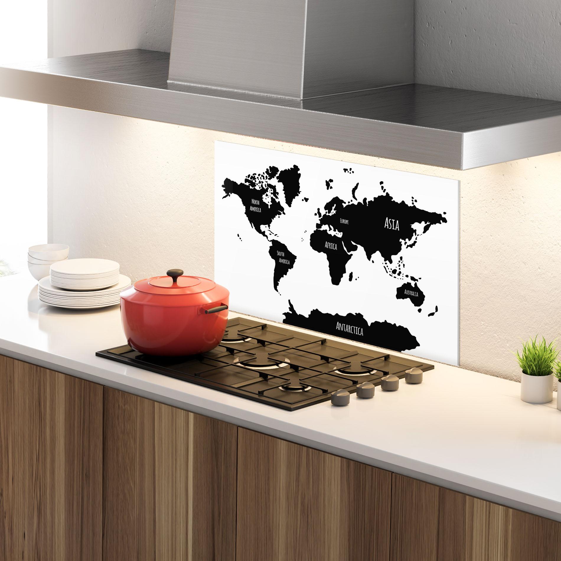 Panou Sticla Bucatarie Black Map World mockup 4