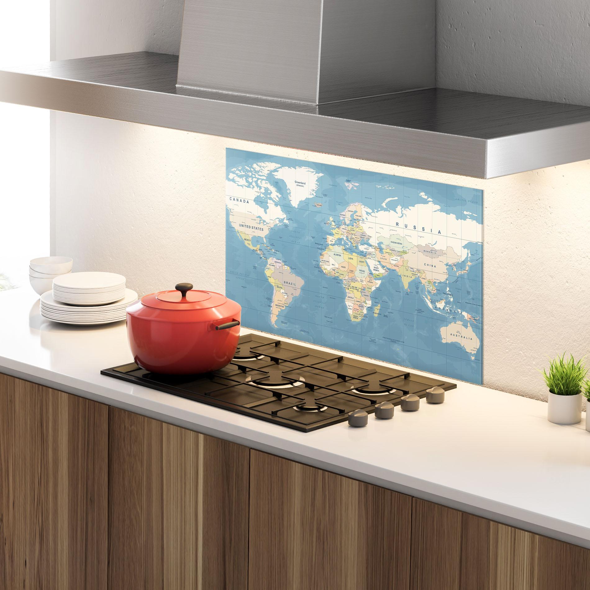 Panou Sticla Bucatarie Blue World Map mockup 4