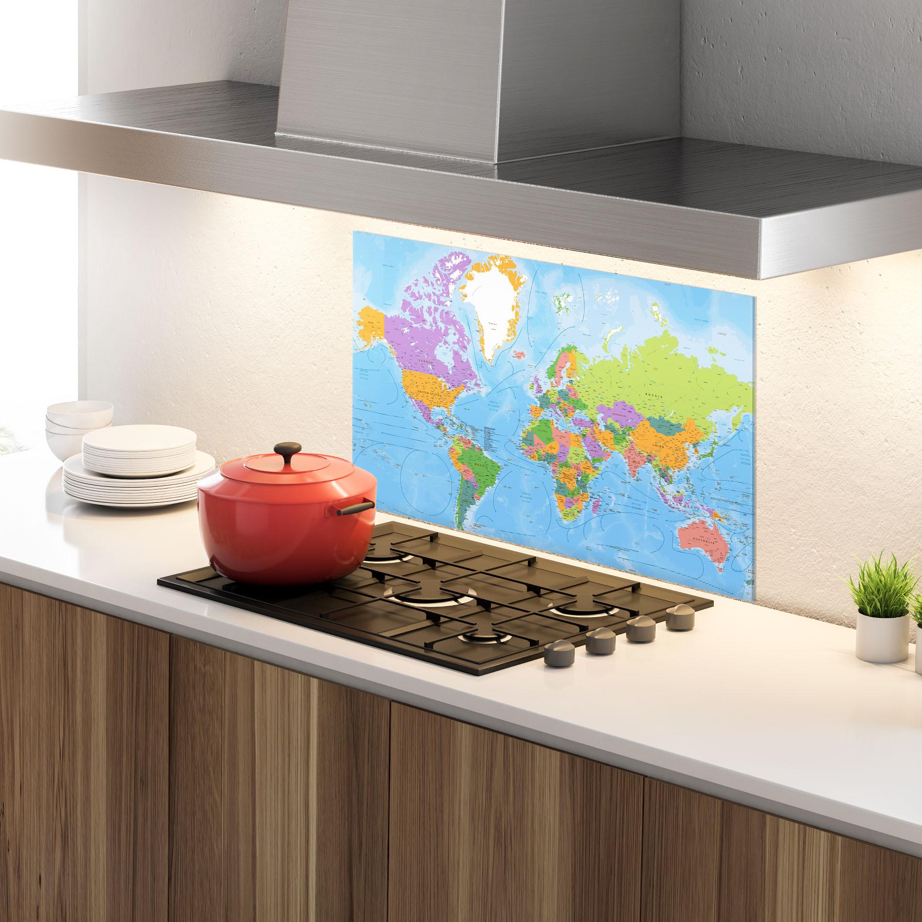 Panou Sticla Bucatarie Color World Map mockup 4