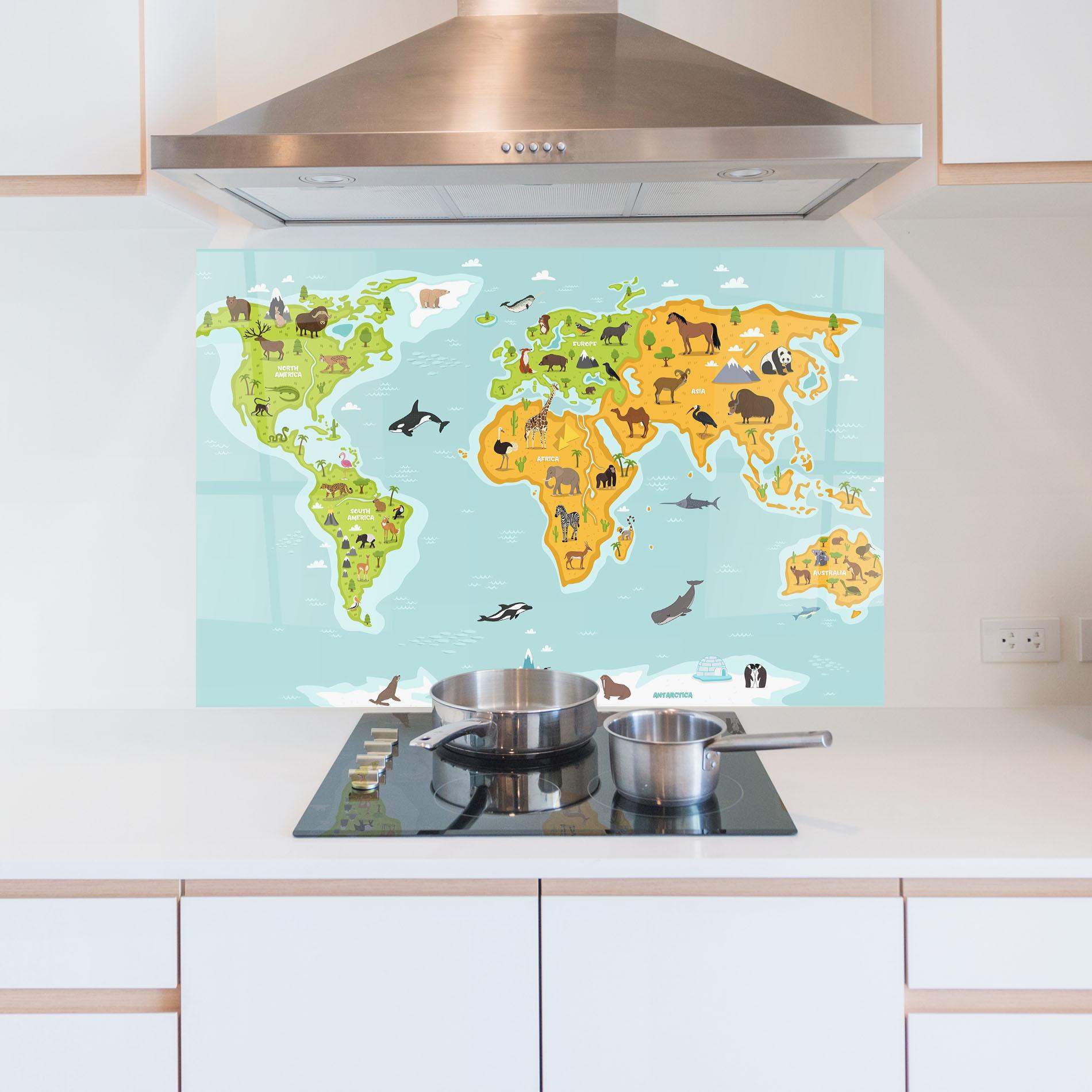 Panou Sticla Bucatarie Animals World Map mockup 5