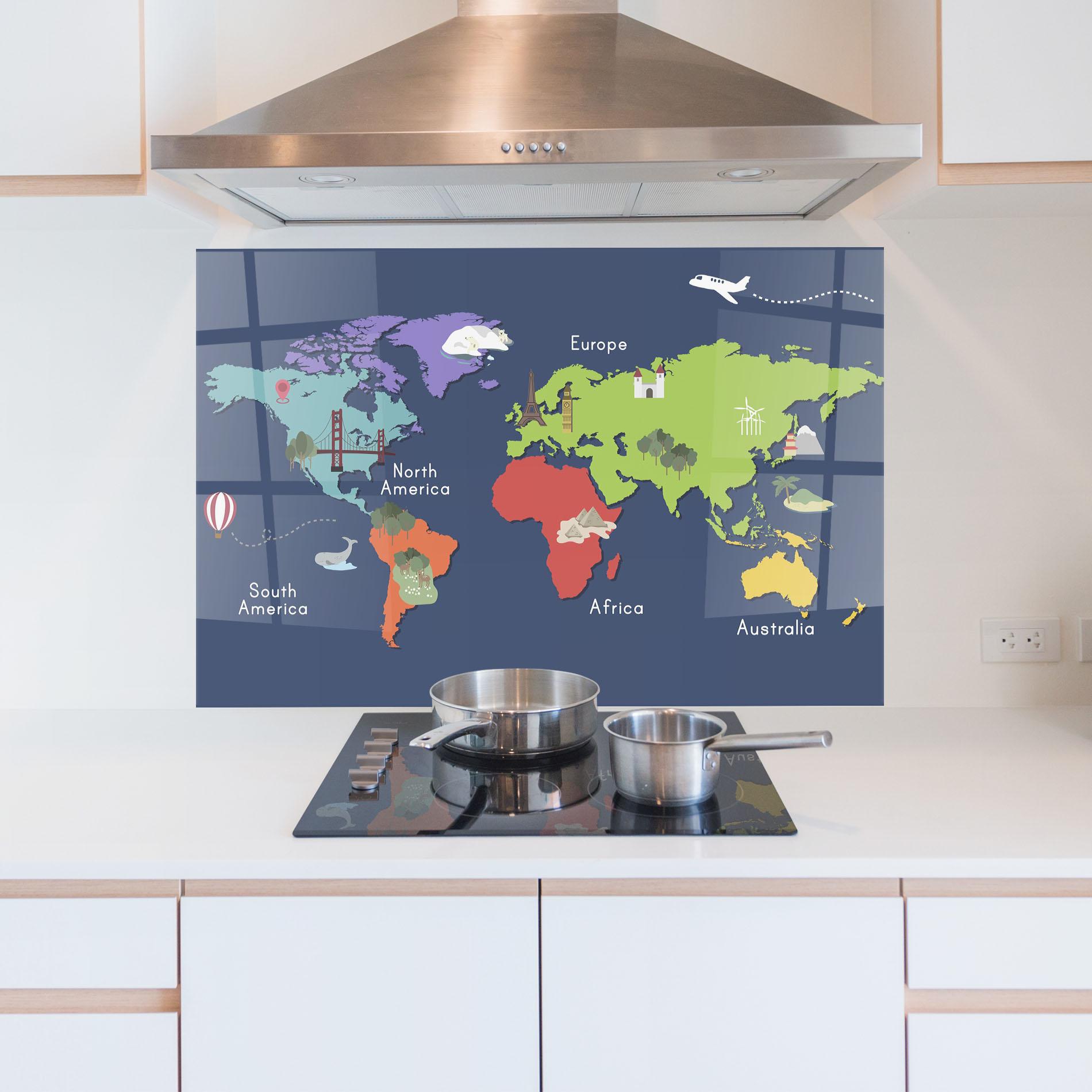 Panou Sticla Bucatarie Blue Map World mockup 5