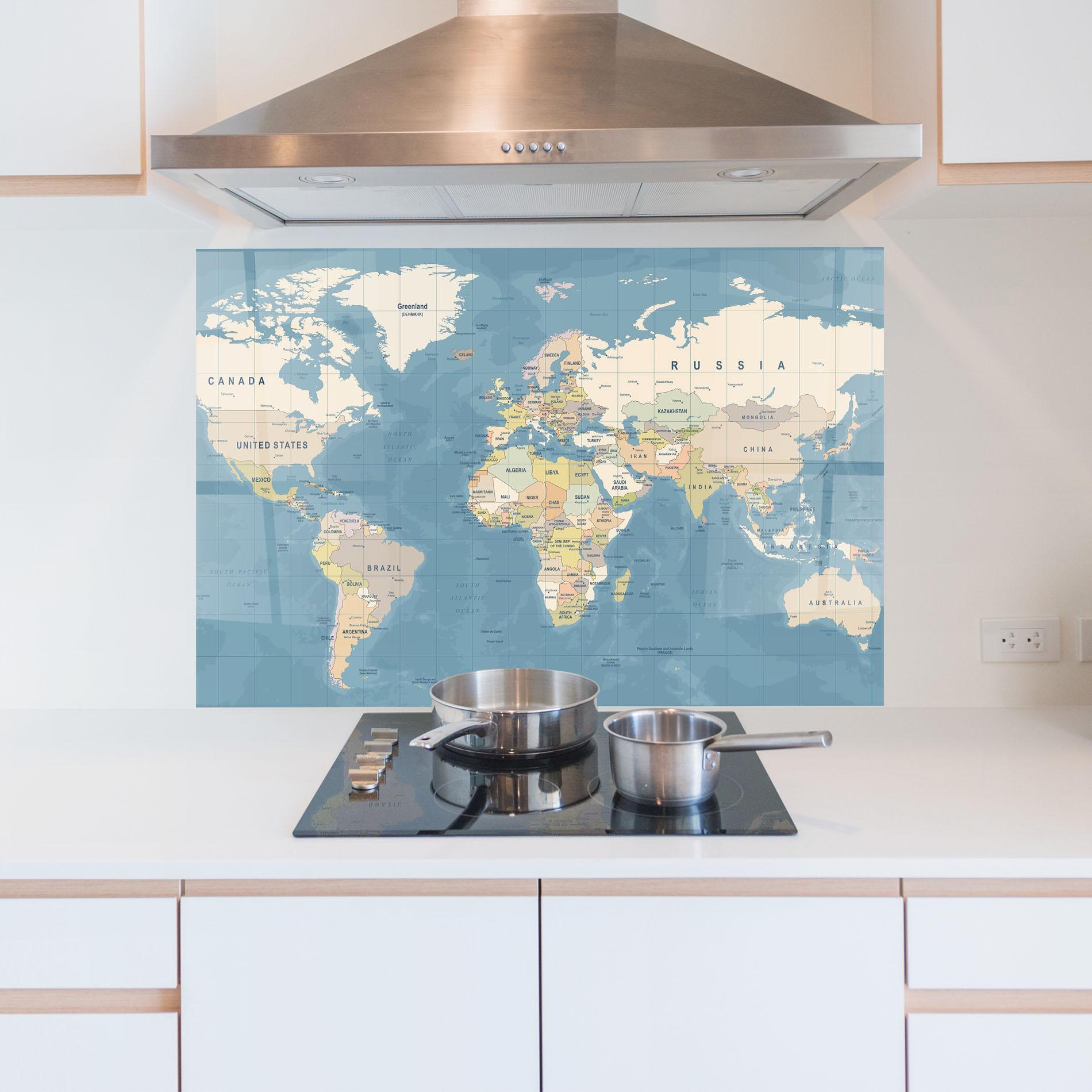 Panou Sticla Bucatarie Blue World Map mockup 5
