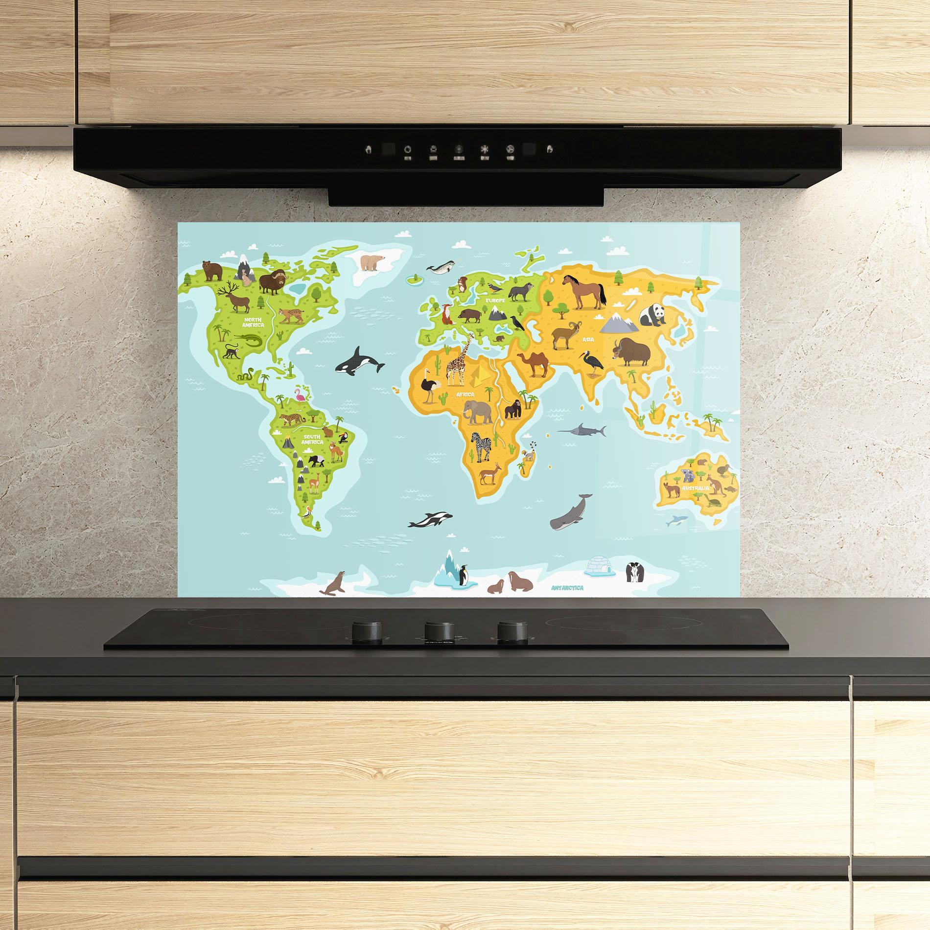 Panou Sticla Bucatarie Animals World Map mockup 3
