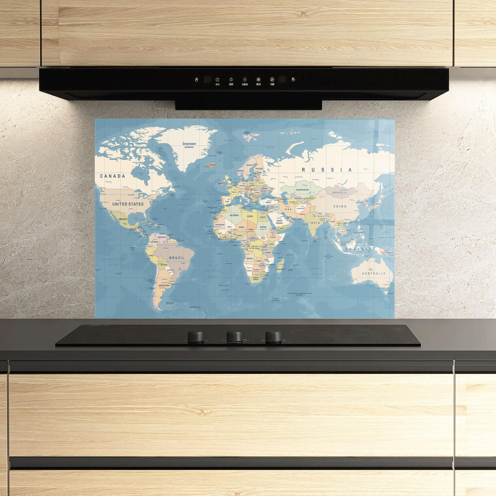 Panou Sticla Bucatarie Blue World Map mockup 3