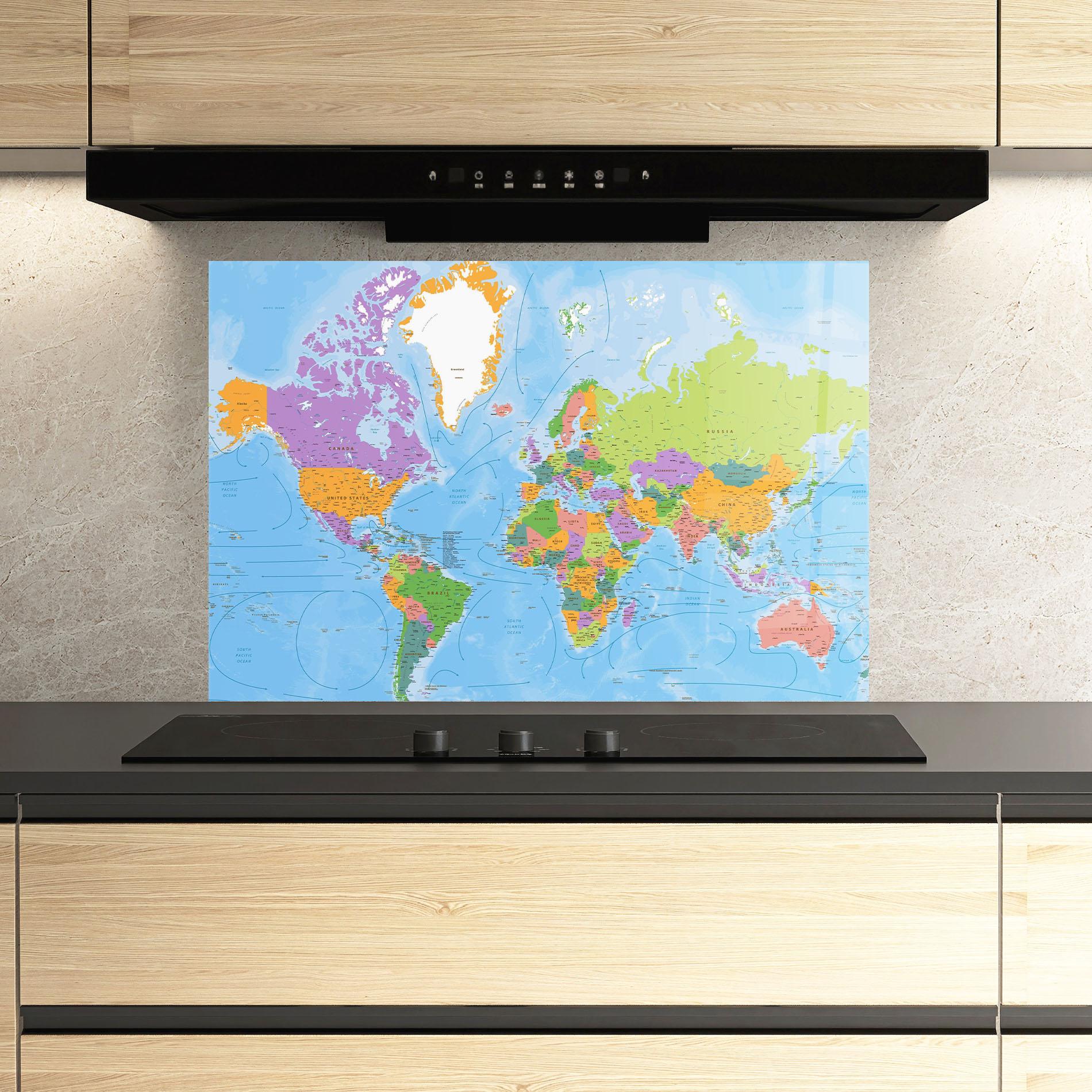 Panou Sticla Bucatarie Color World Map mockup 3
