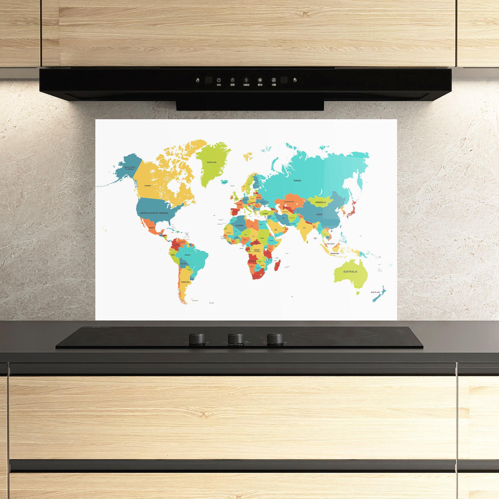 Panou Sticla Bucatarie Colorful World Map mockup 3