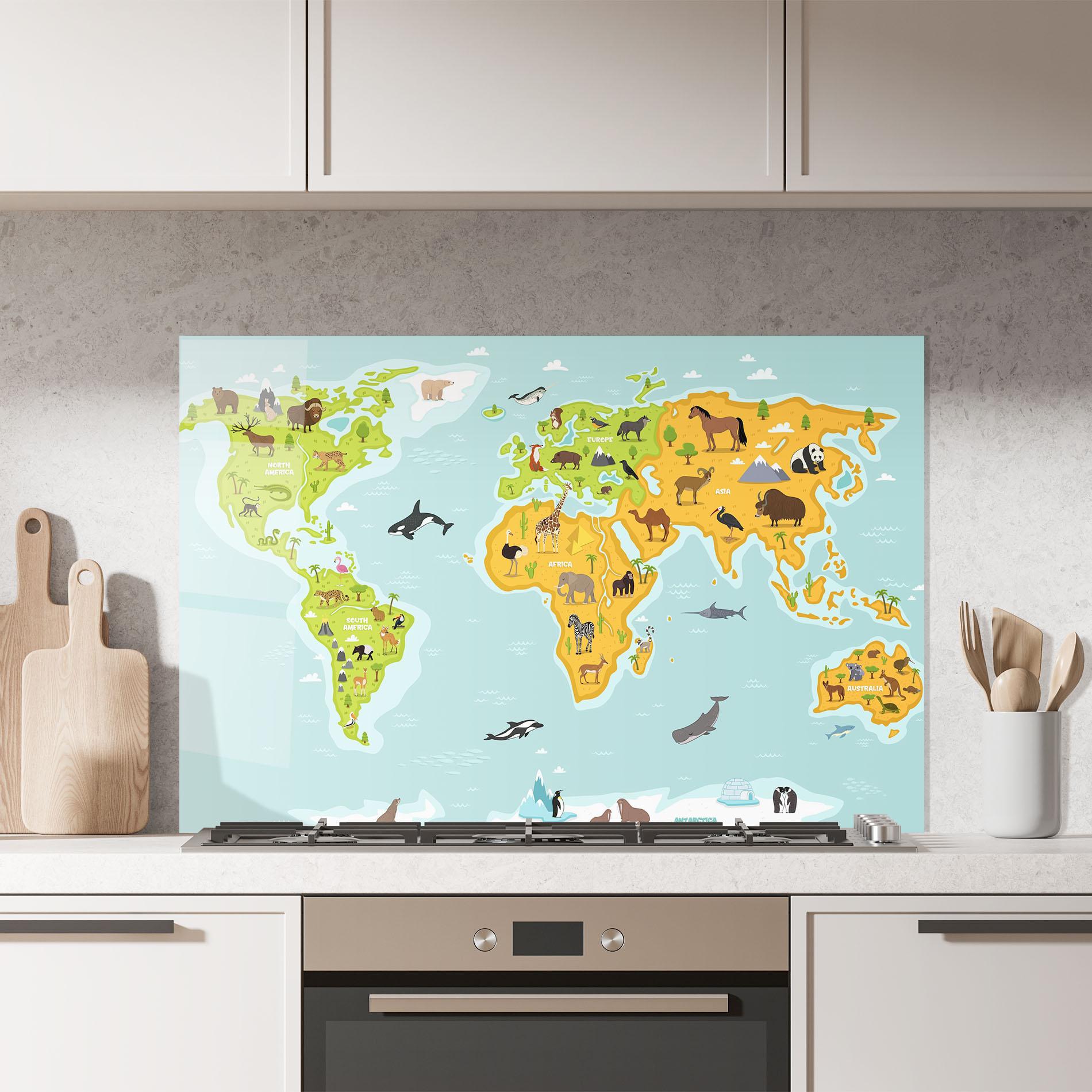Panou Sticla Bucatarie Animals World Map mockup 7