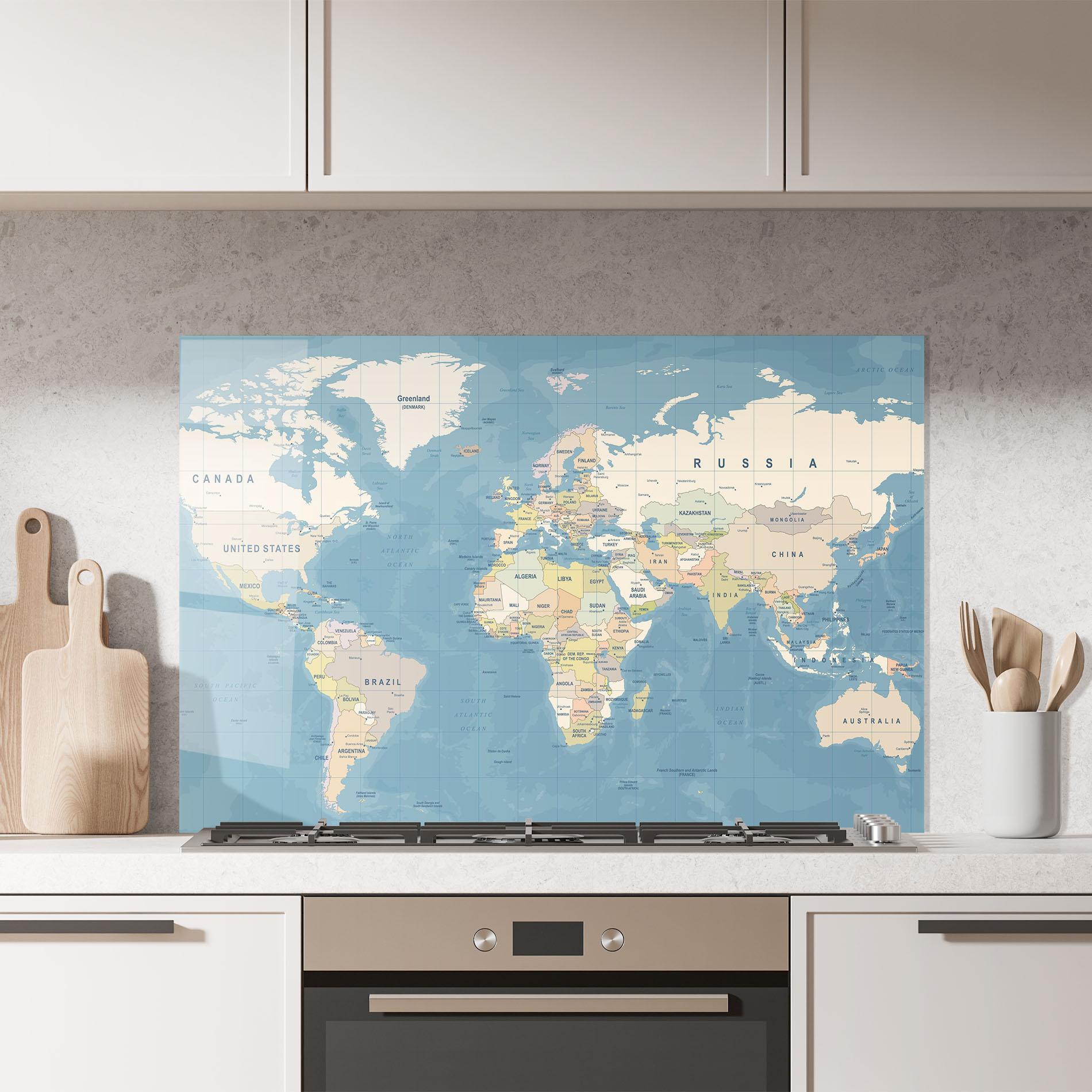 Panou Sticla Bucatarie Blue World Map mockup 7