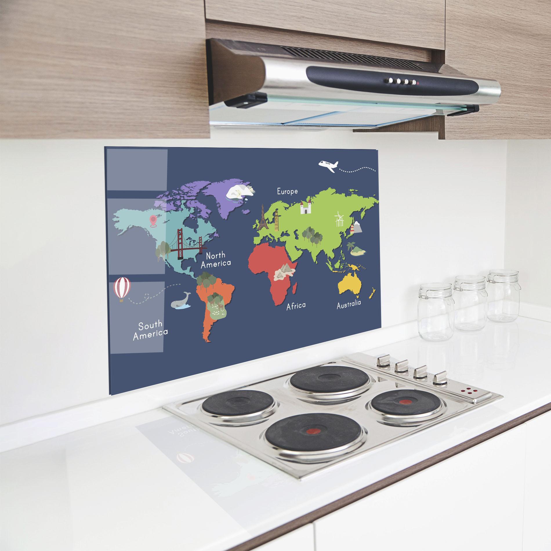 Panou Sticla Bucatarie Blue Map World mockup 8