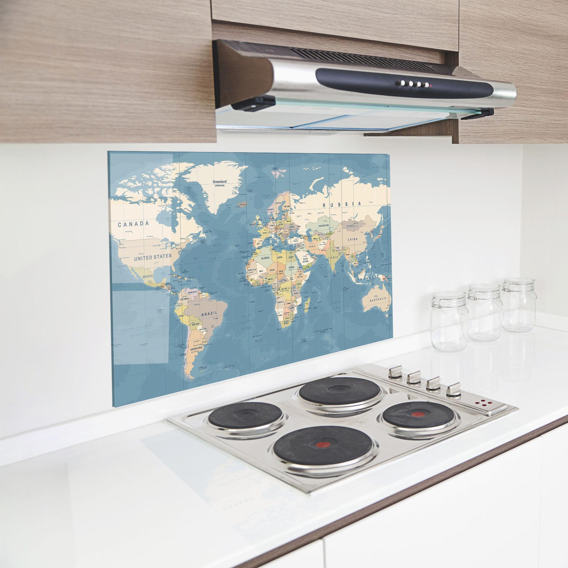 Panou Sticla Bucatarie Blue World Map mockup 8