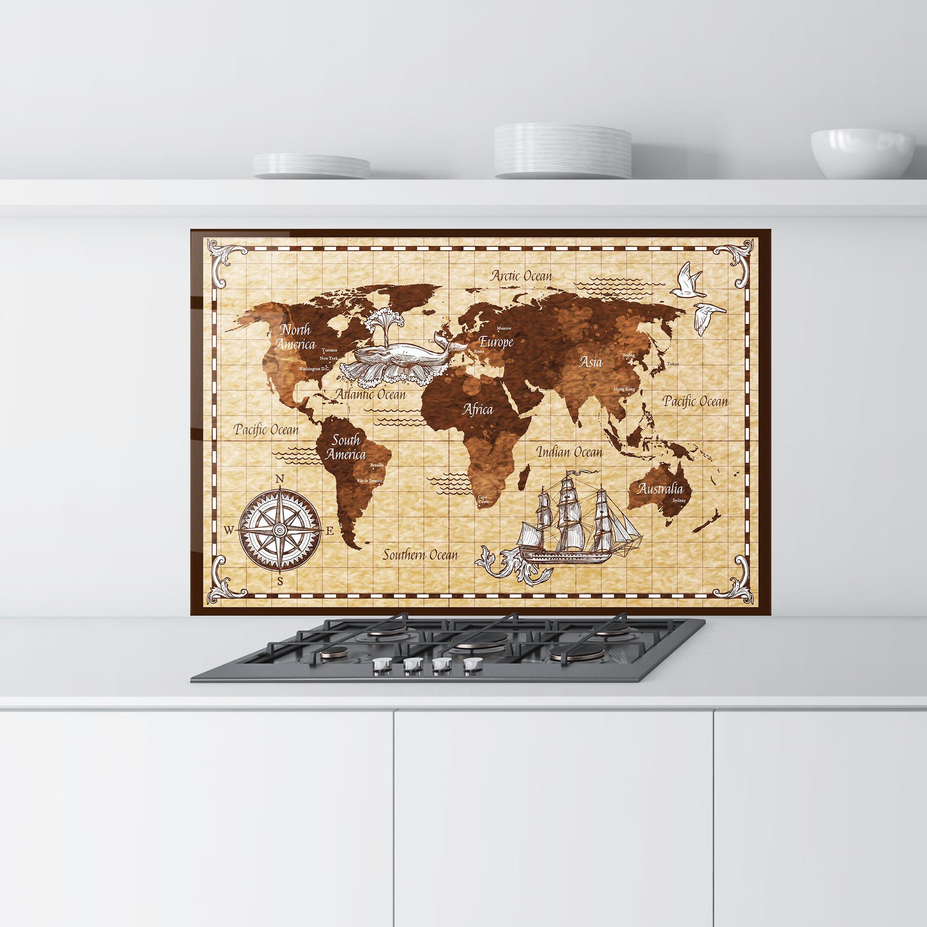 Panou Sticla Bucatarie Brown Old Map mockup 9
