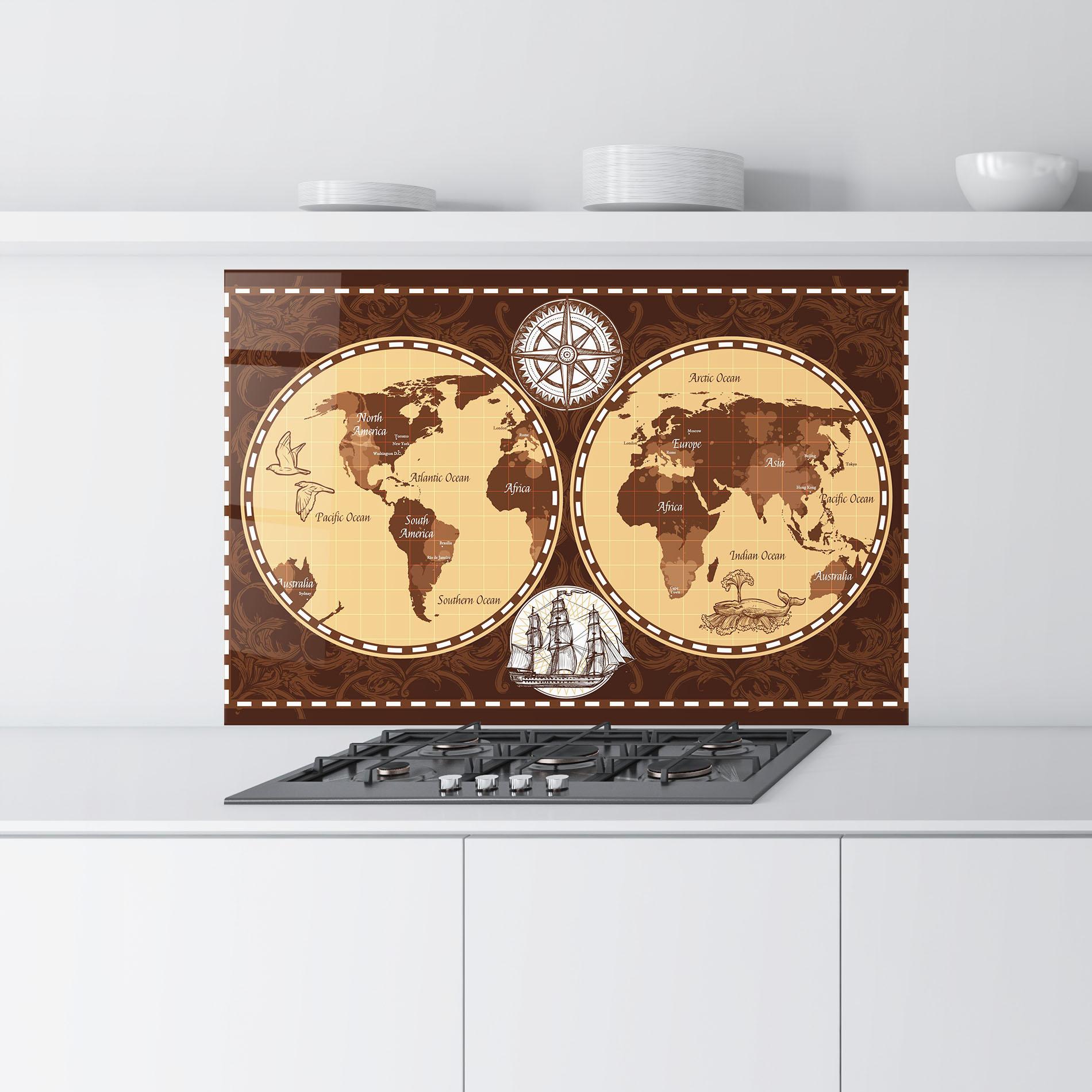 Panou Sticla Bucatarie Old Brown Map mockup 9