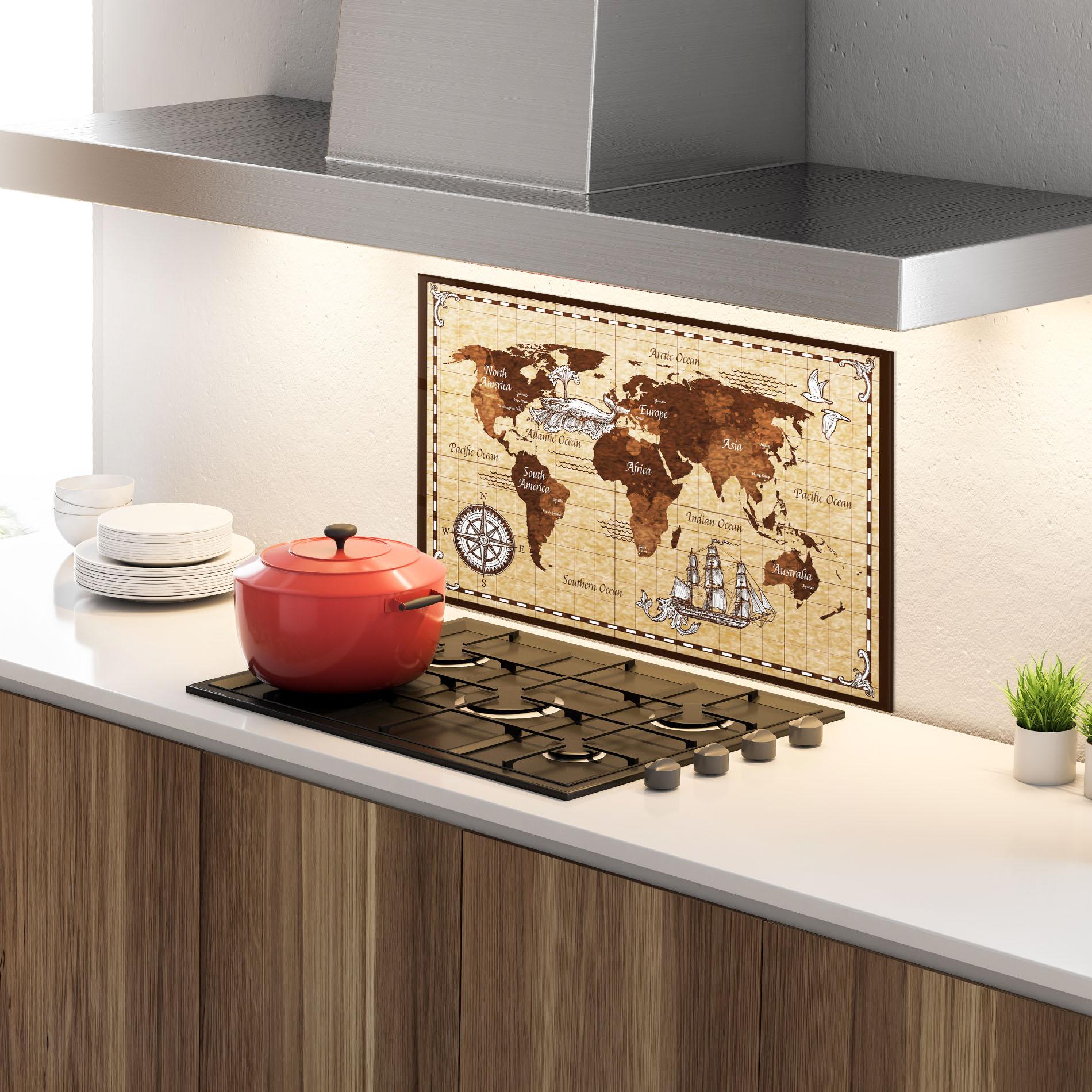 Panou Sticla Bucatarie Brown Old Map mockup 4