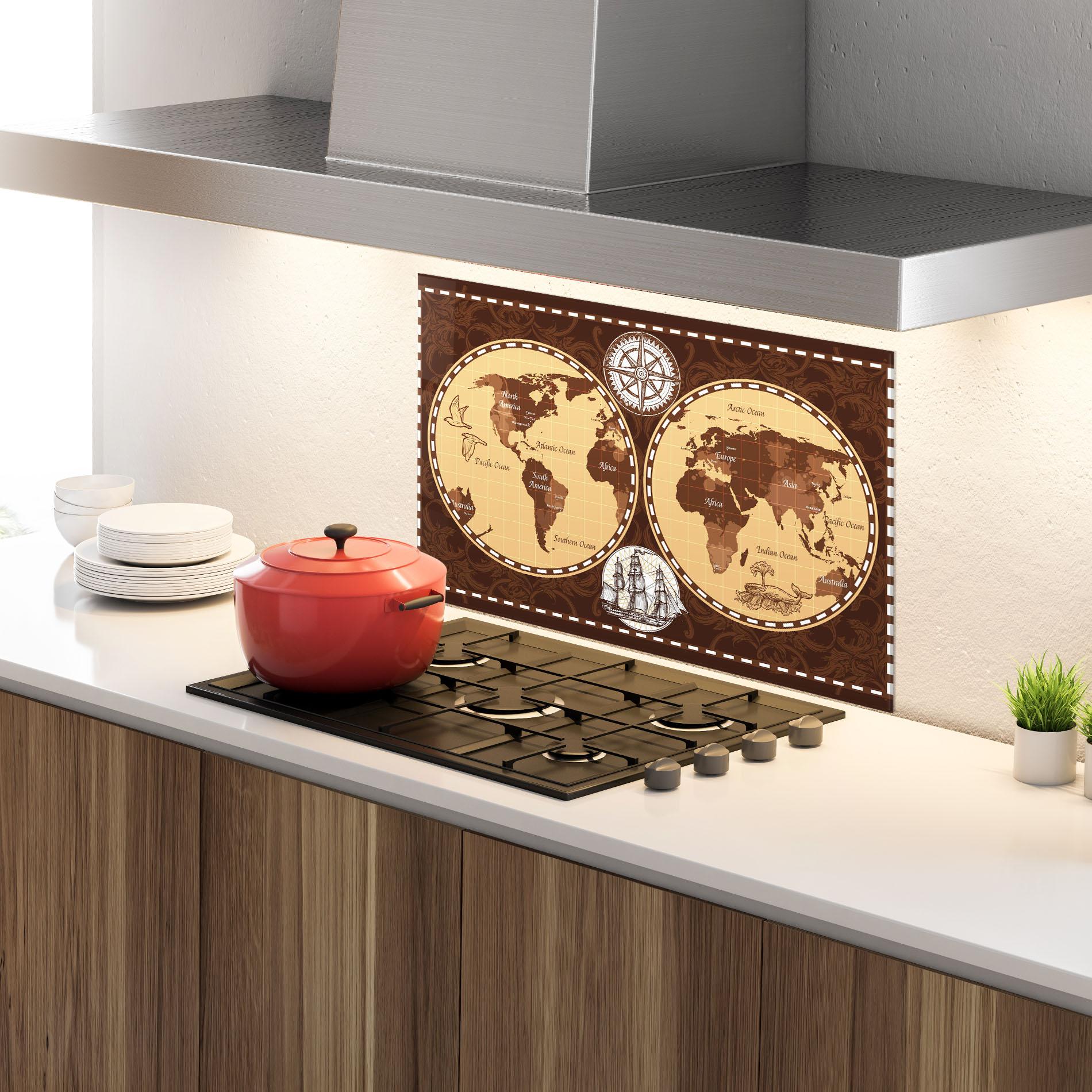 Panou Sticla Bucatarie Old Brown Map mockup 4