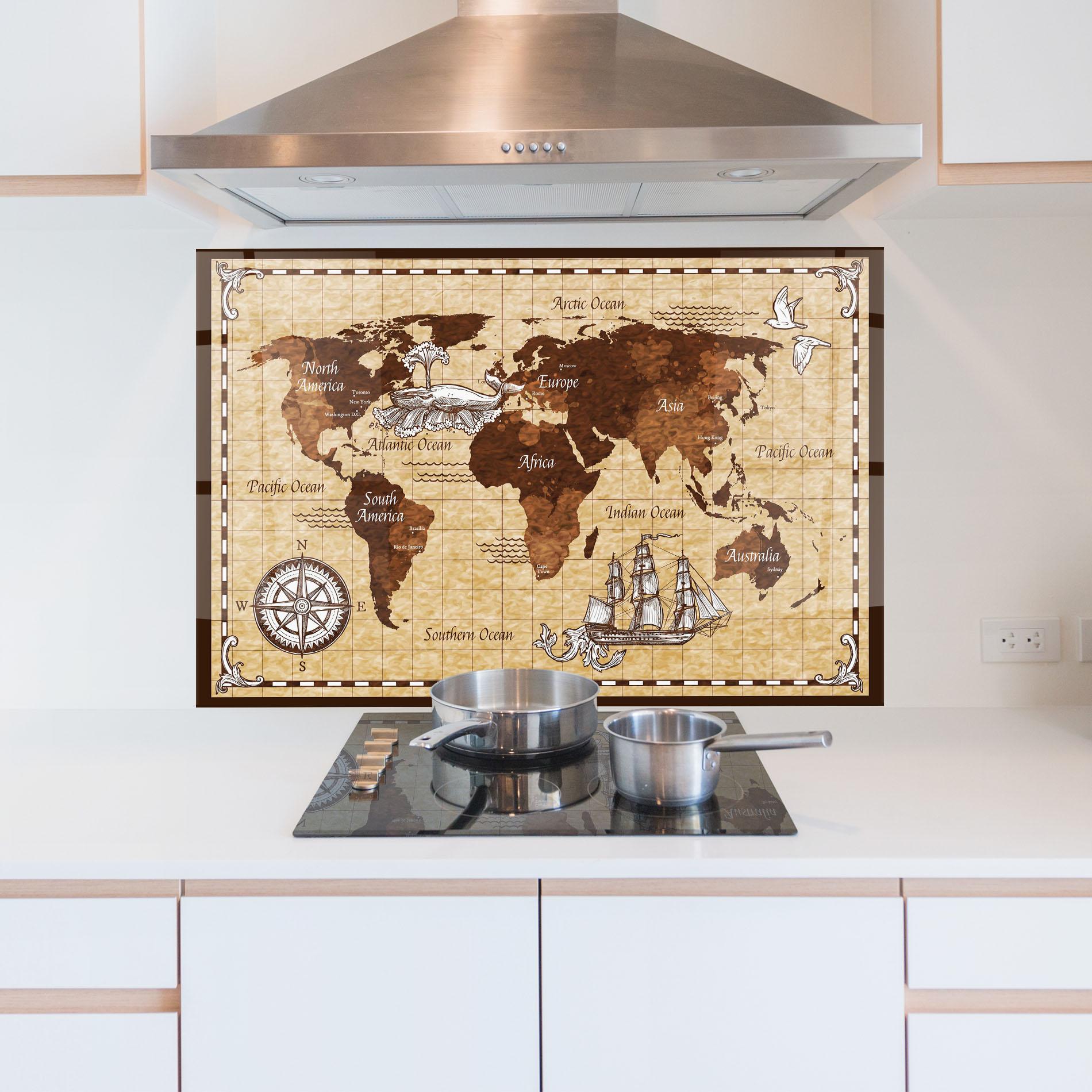 Panou Sticla Bucatarie Brown Old Map mockup 5