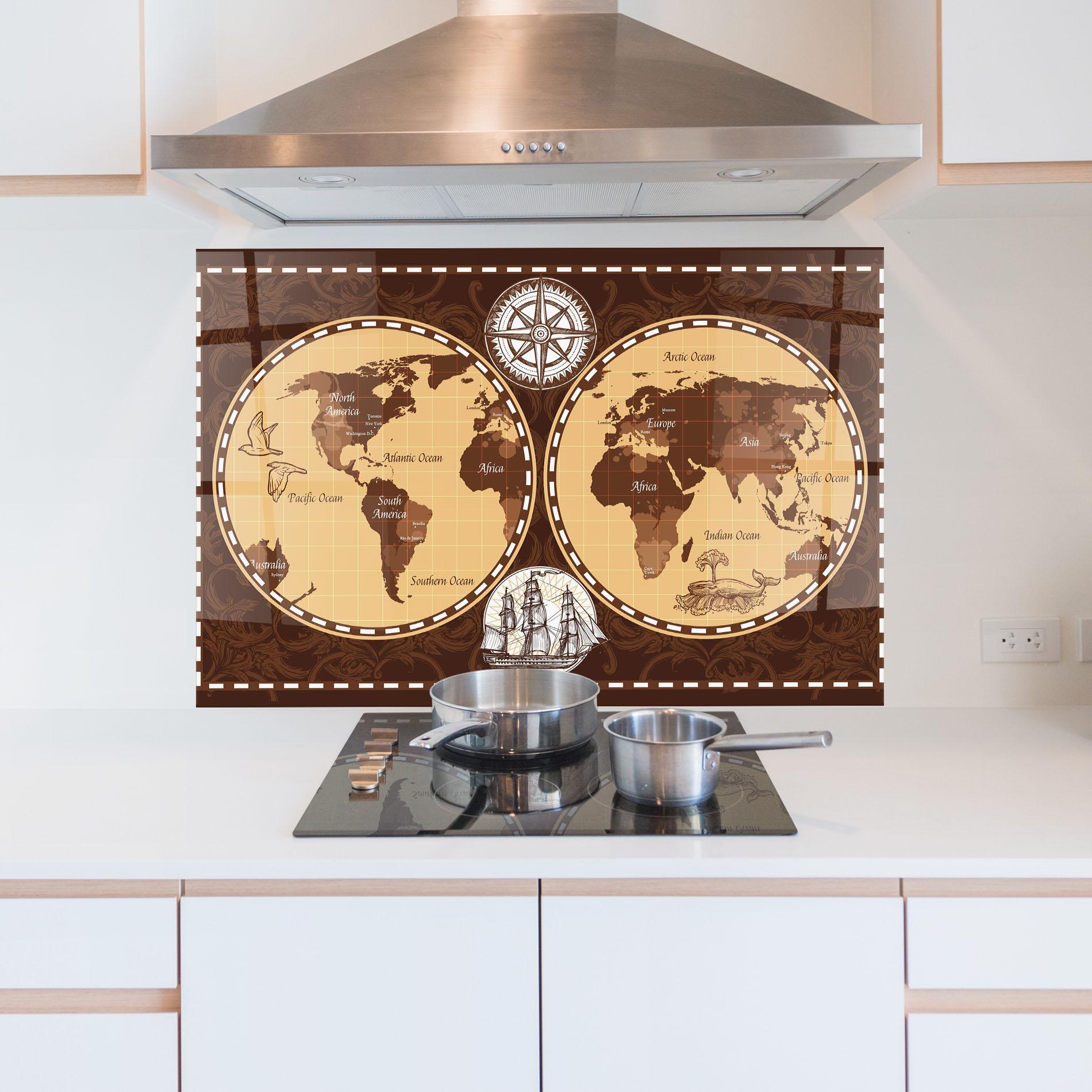 Panou Sticla Bucatarie Old Brown Map mockup 5