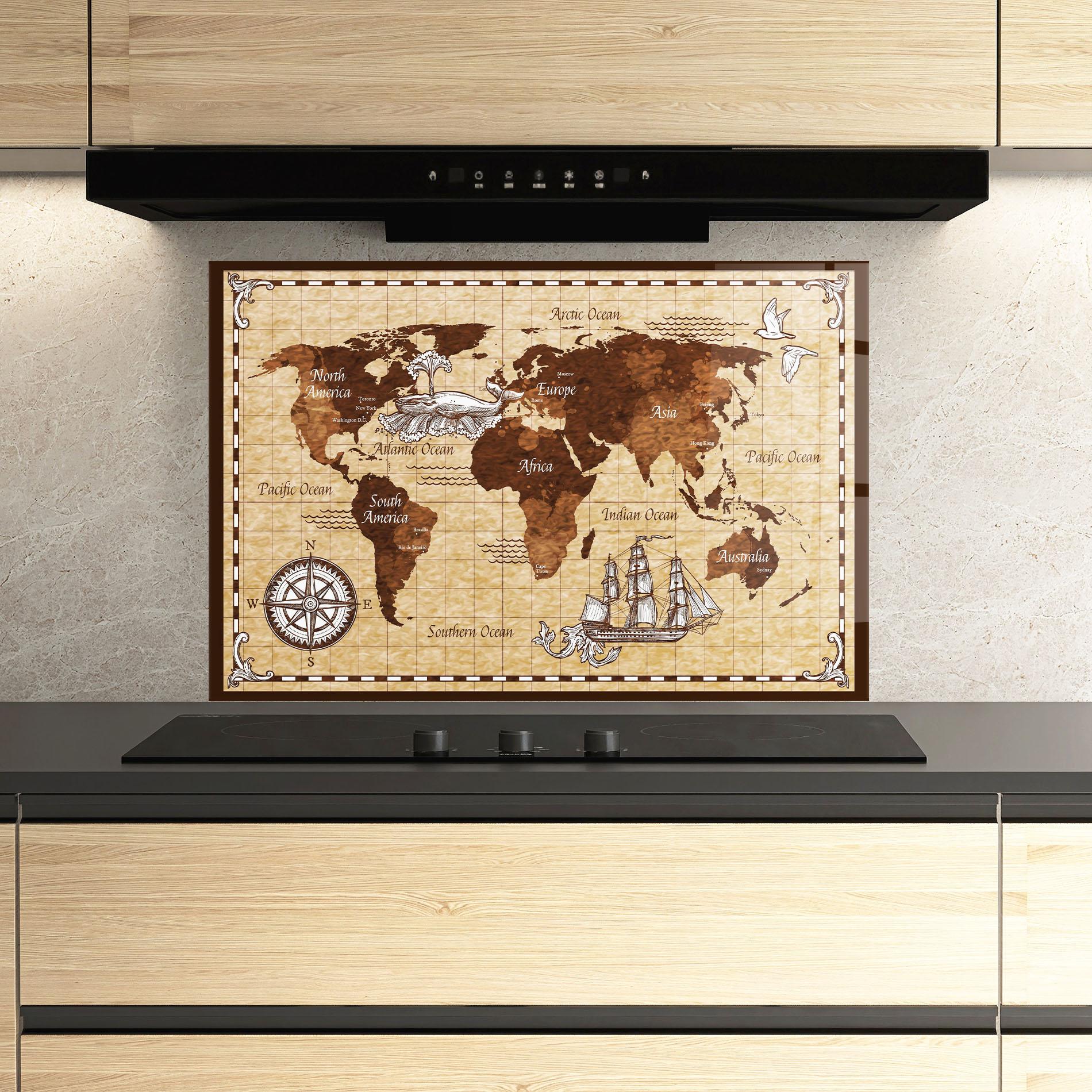 Panou Sticla Bucatarie Brown Old Map mockup 3