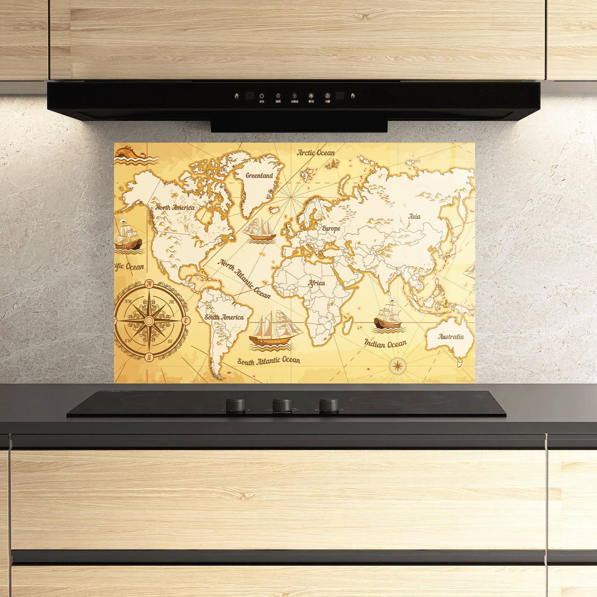 Panou Sticla Bucatarie Gold Vintage Map mockup 3