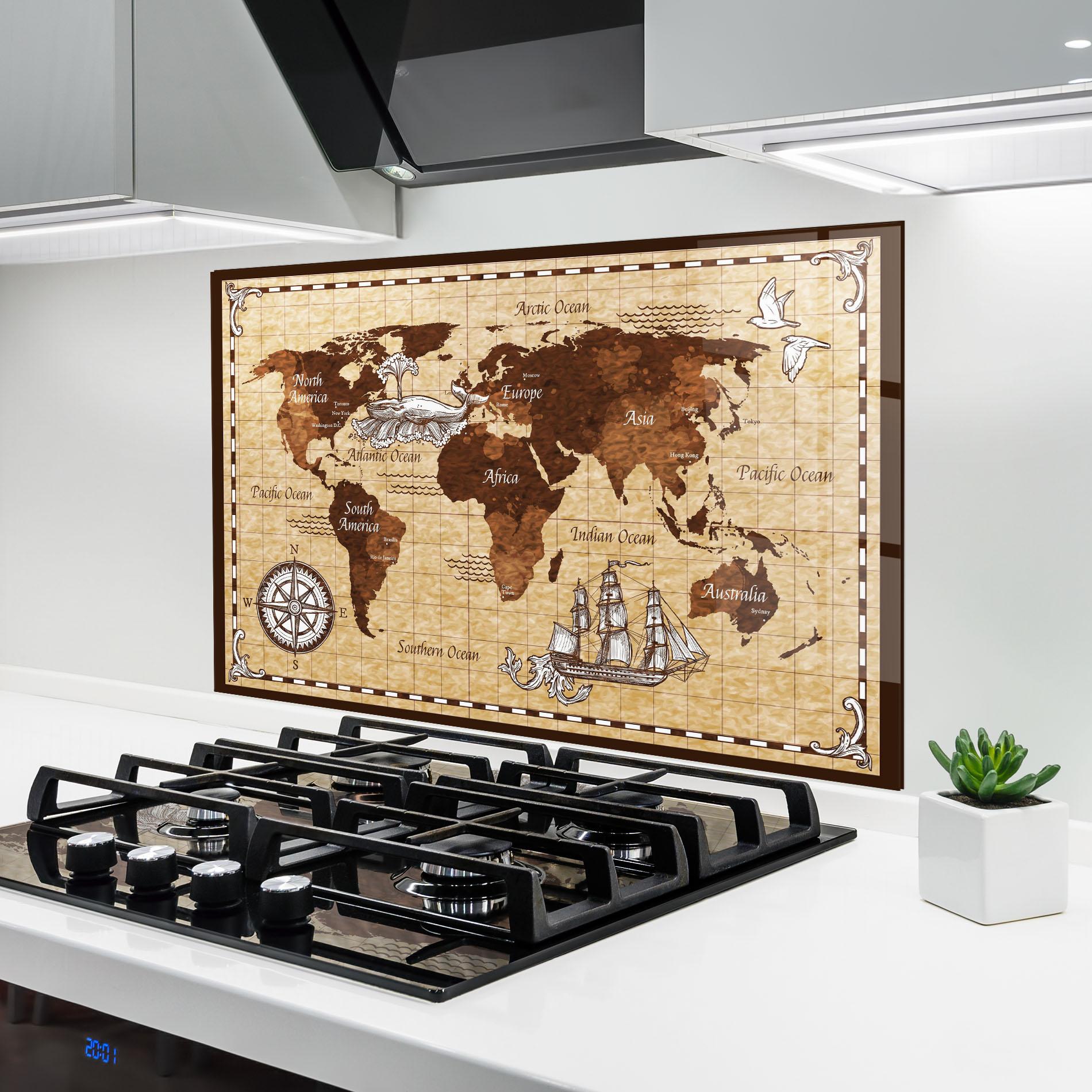 Panou Sticla Bucatarie Brown Old Map mockup 6