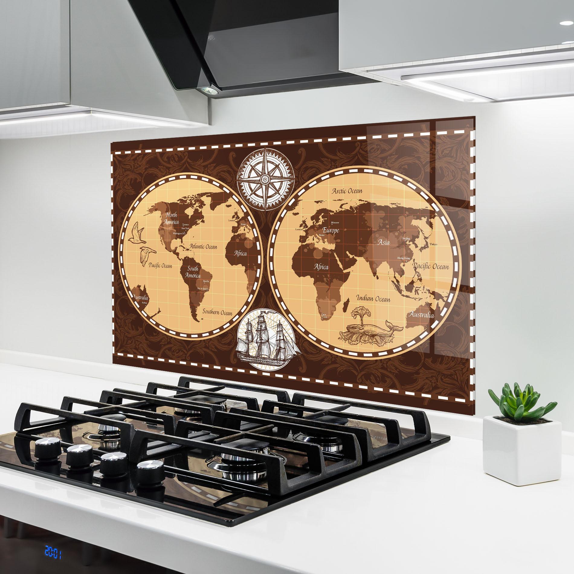 Panou Sticla Bucatarie Old Brown Map mockup 6