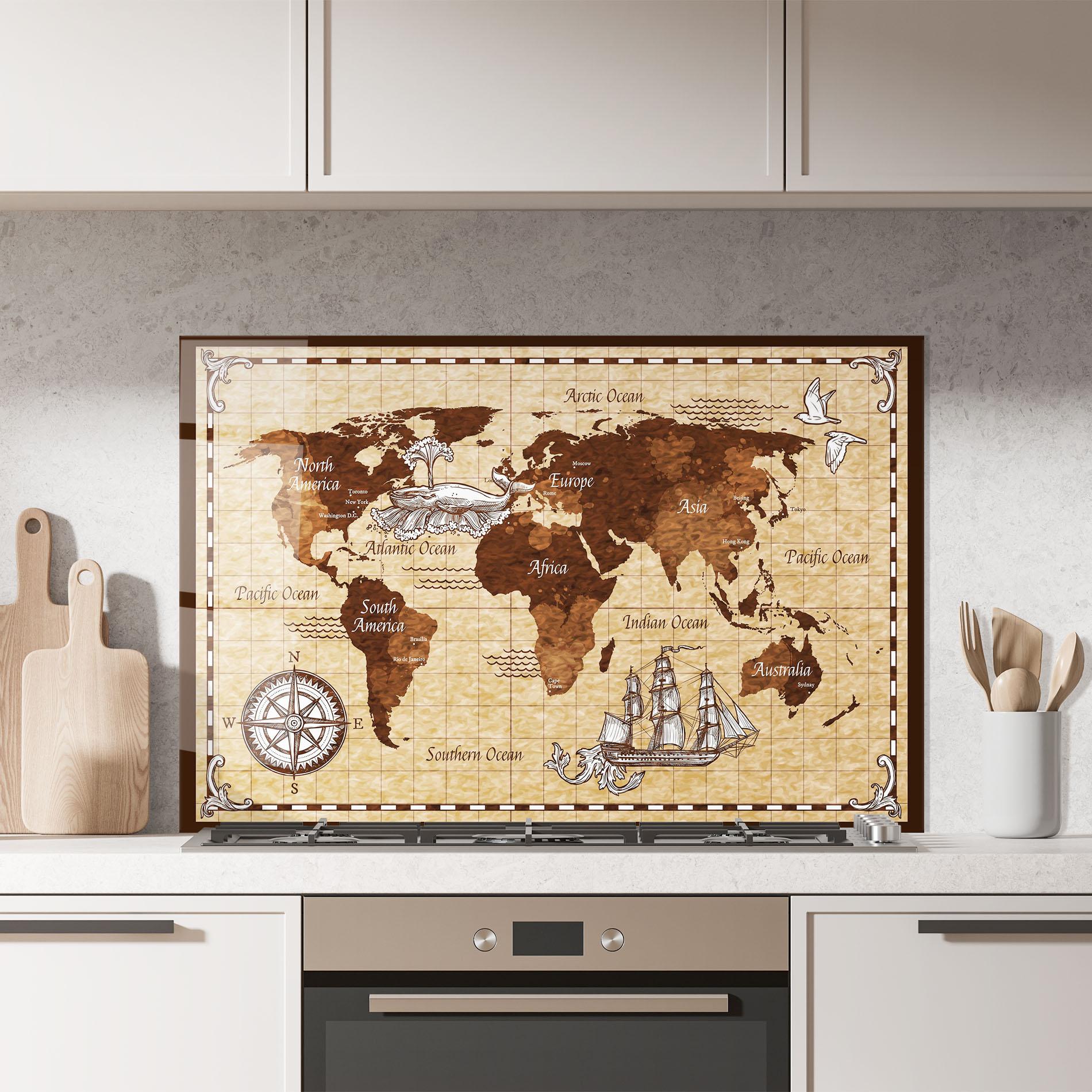 Panou Sticla Bucatarie Brown Old Map mockup 7