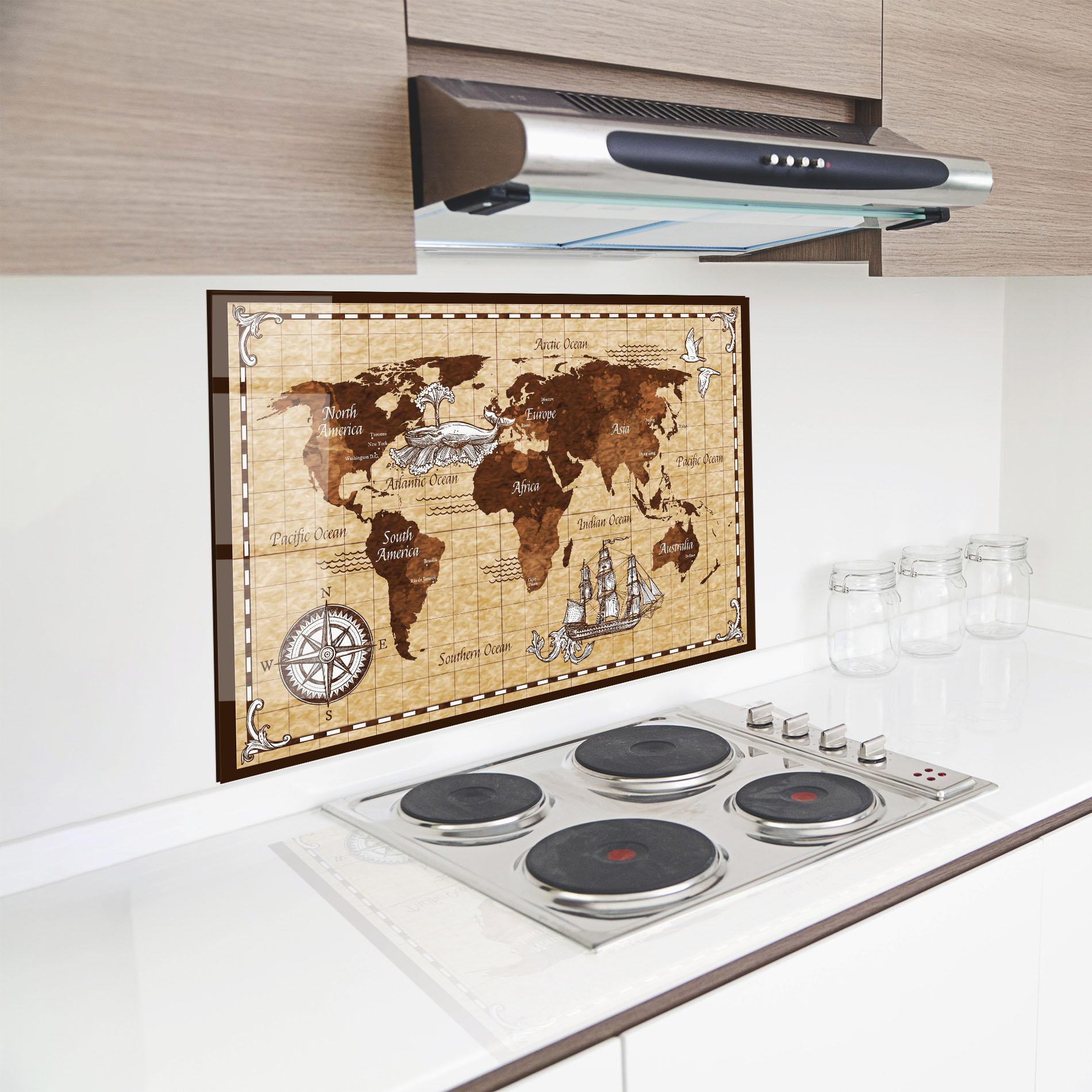 Panou Sticla Bucatarie Brown Old Map mockup 8