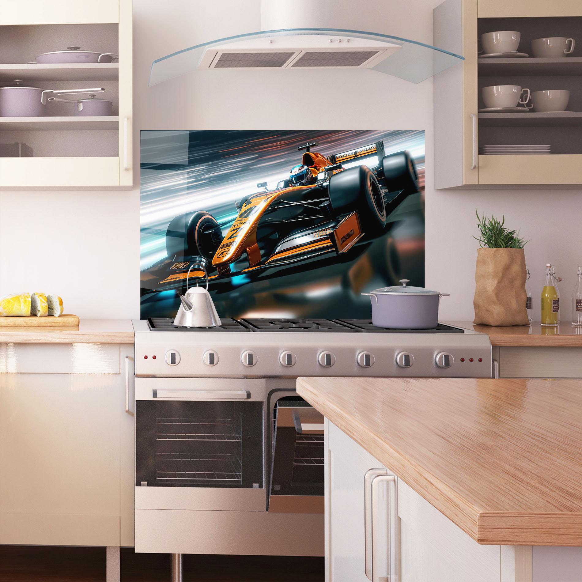 Panou Sticla Bucatarie Orange F1 Car mockup 1