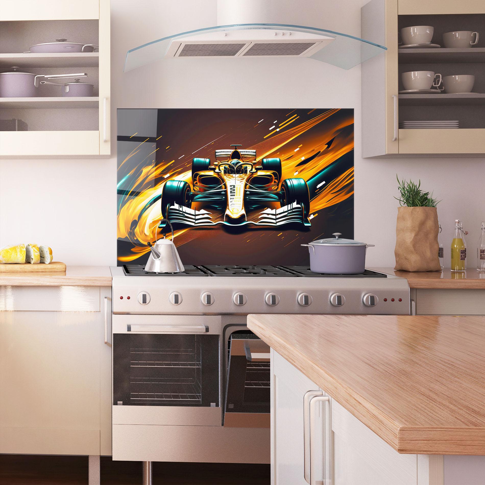 Panou Sticla Bucatarie Orange Racing Car mockup 1