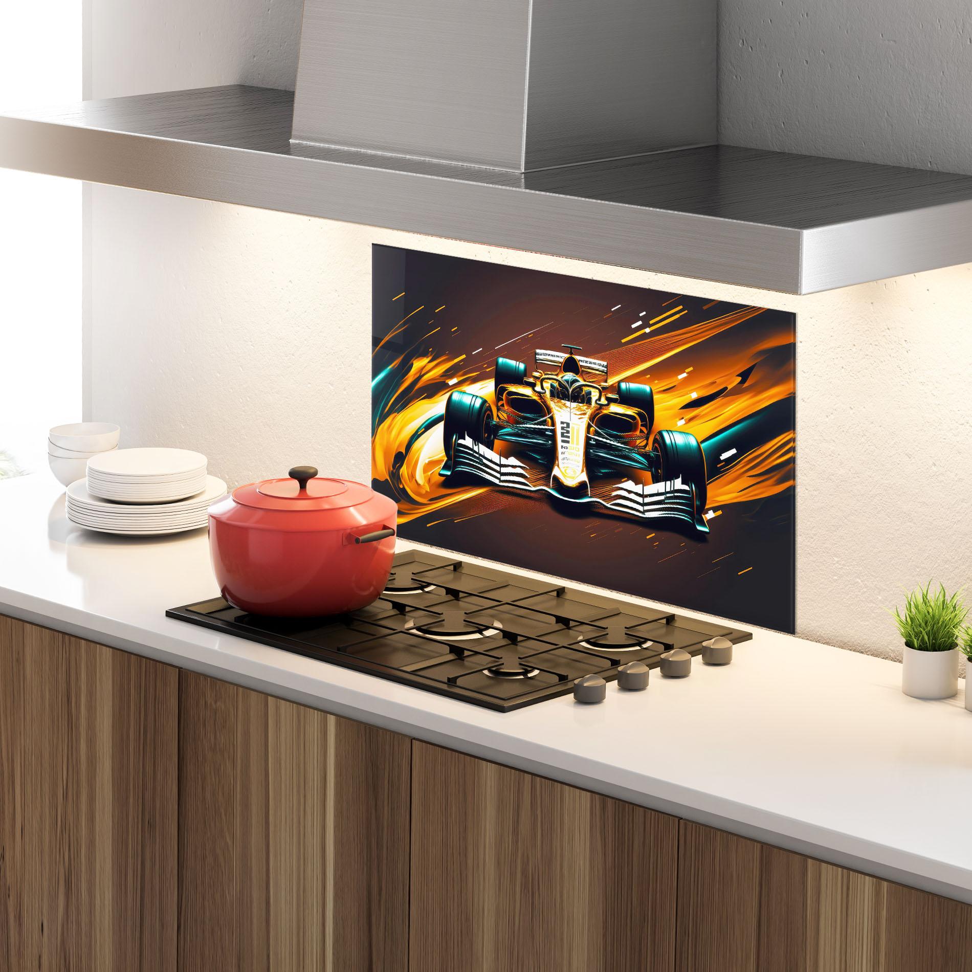 Panou Sticla Bucatarie Orange Racing Car mockup 4