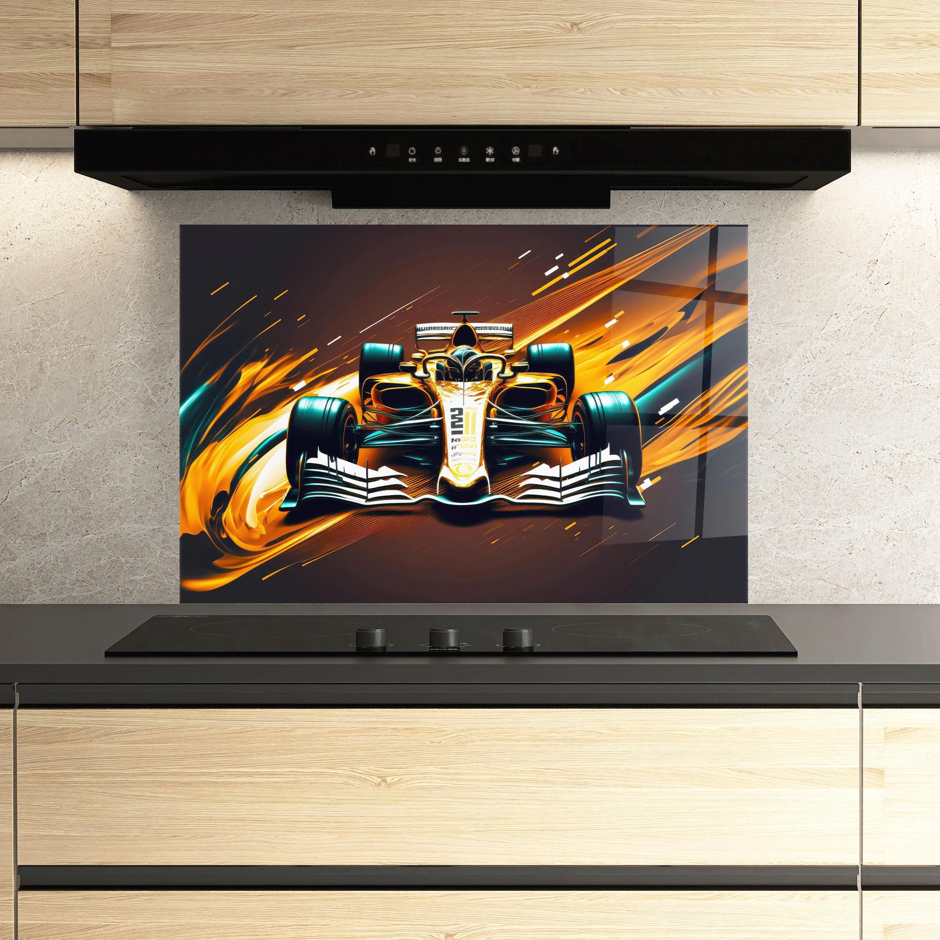 Panou Sticla Bucatarie Orange Racing Car mockup 3