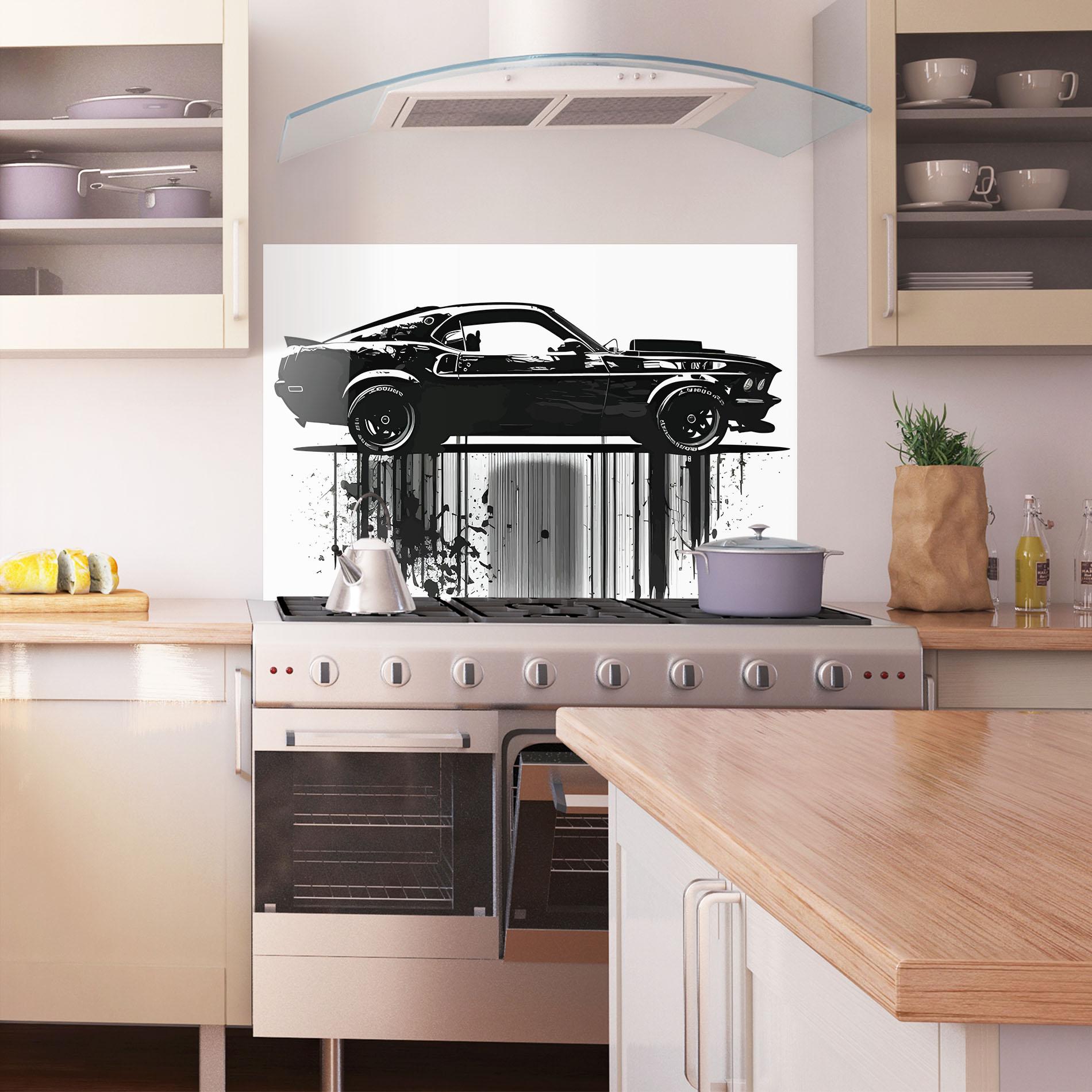 Panou Sticla Bucatarie Black Car Drowing mockup 1