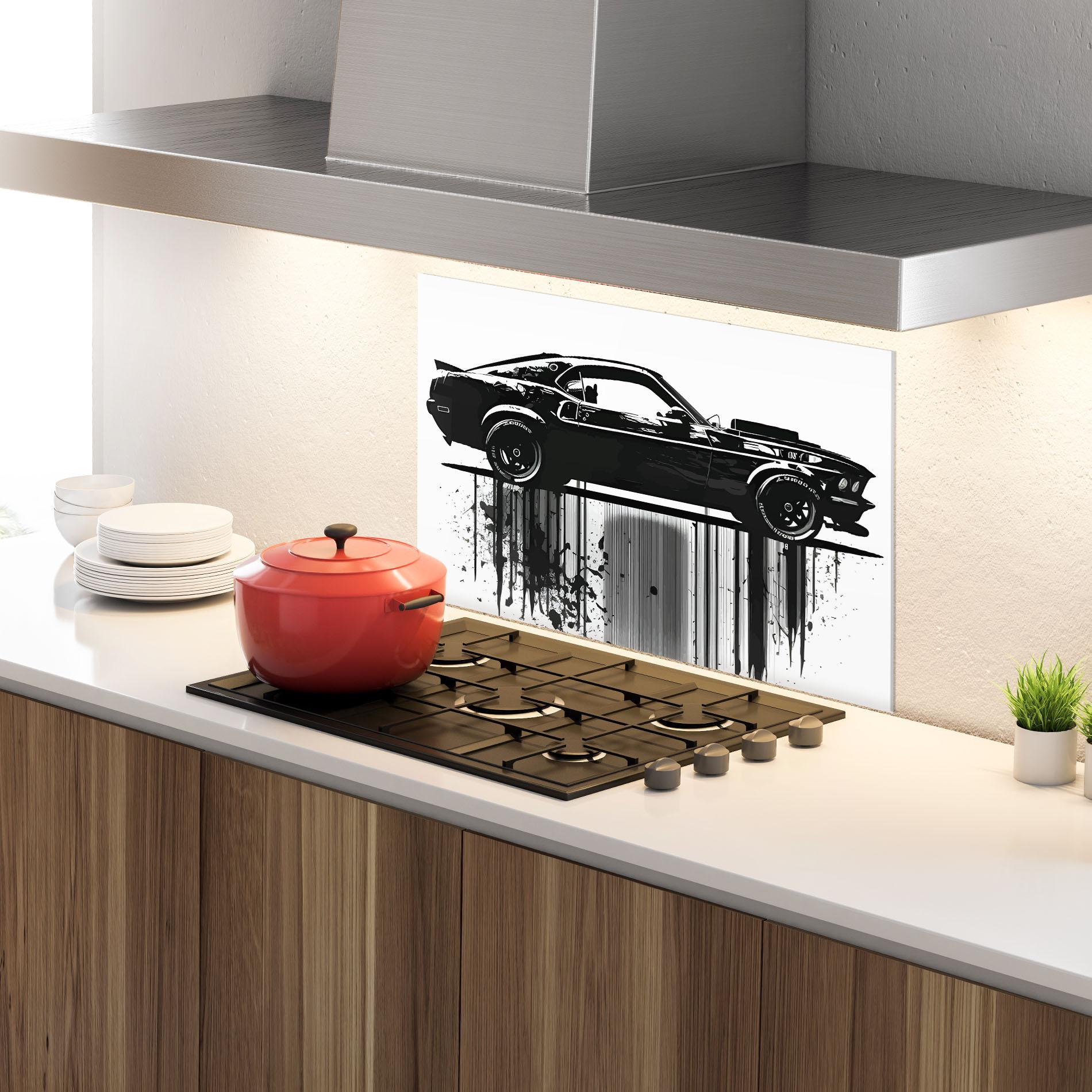 Panou Sticla Bucatarie Black Car Drowing mockup 4