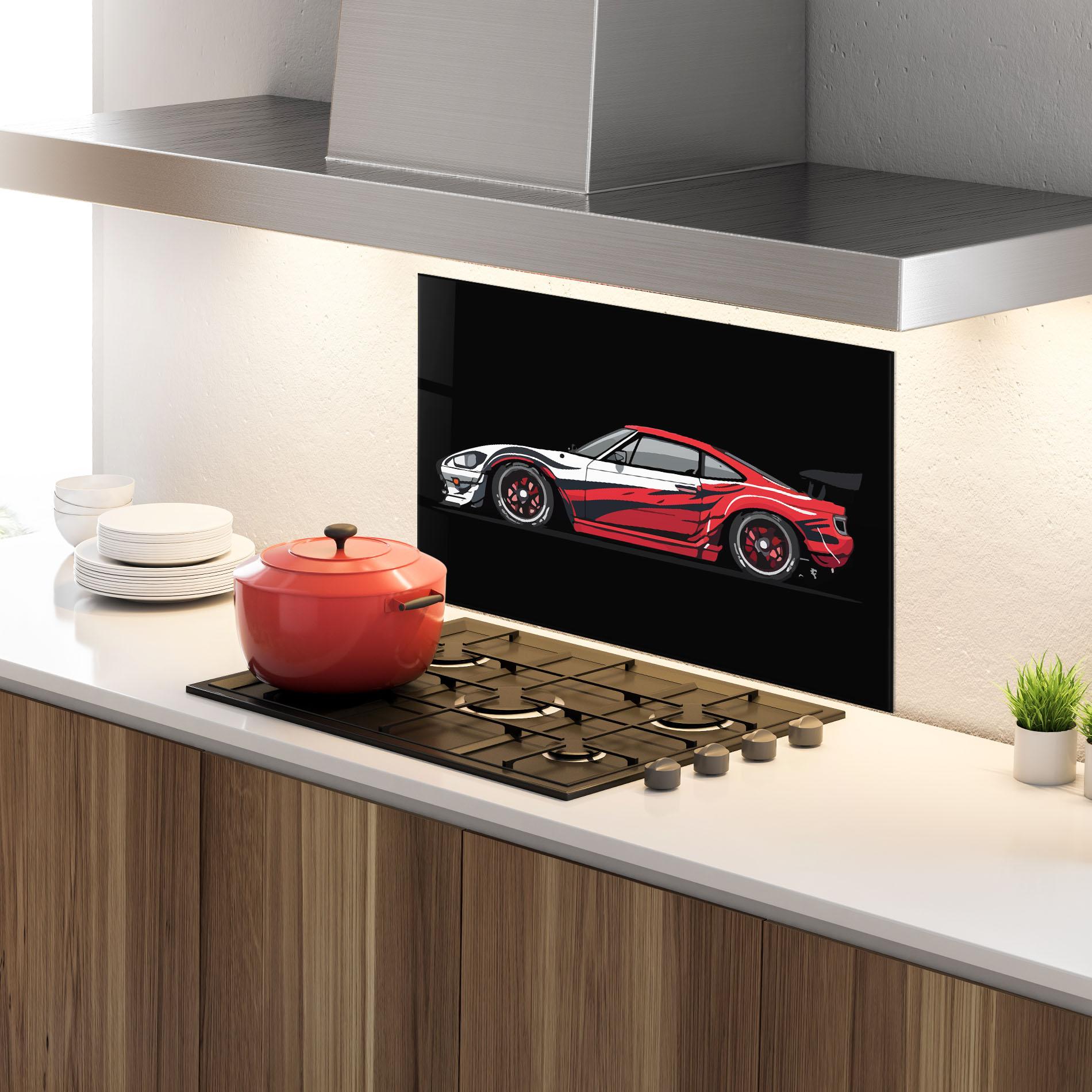 Panou Sticla Bucatarie Red White Sport Car mockup 4