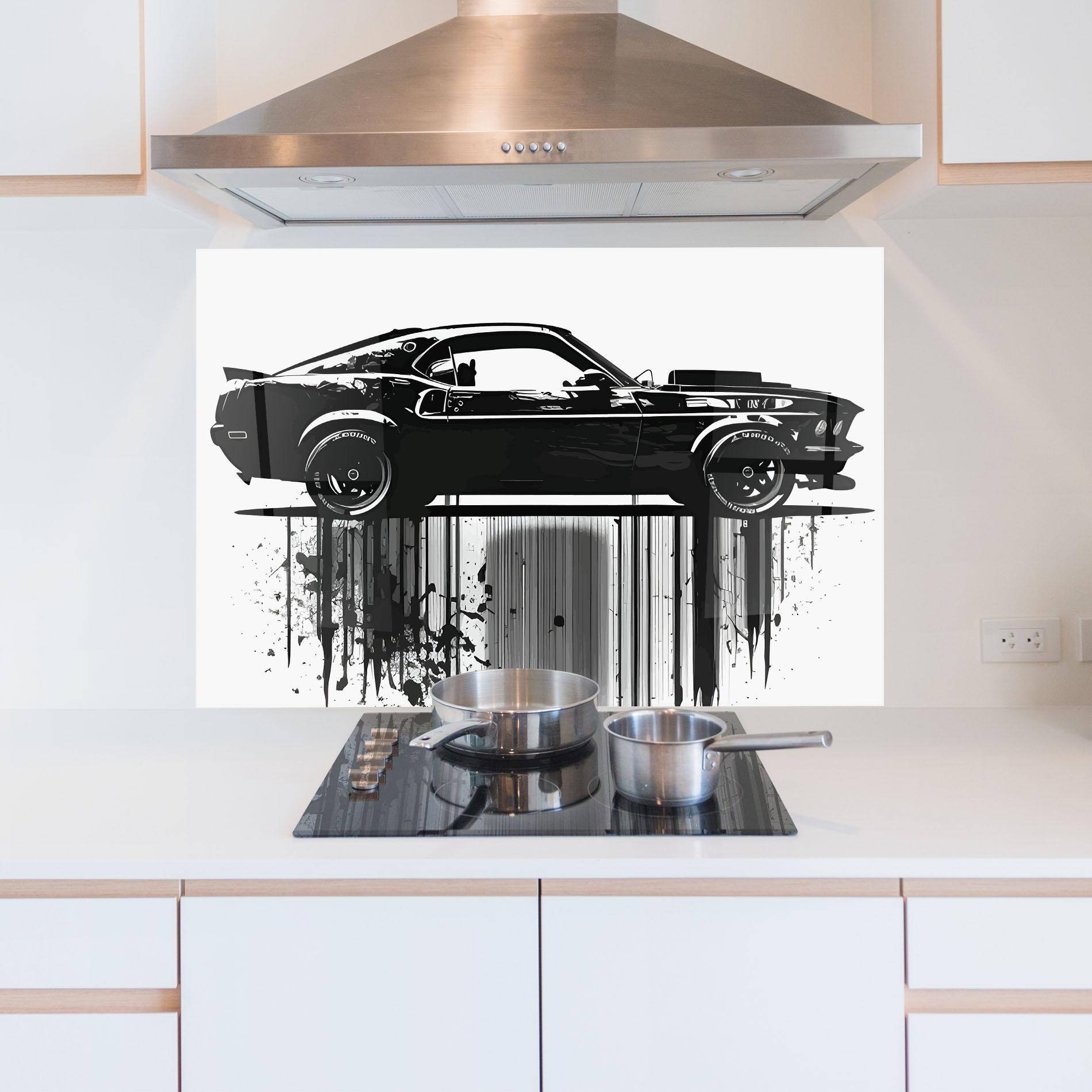 Panou Sticla Bucatarie Black Car Drowing mockup 5
