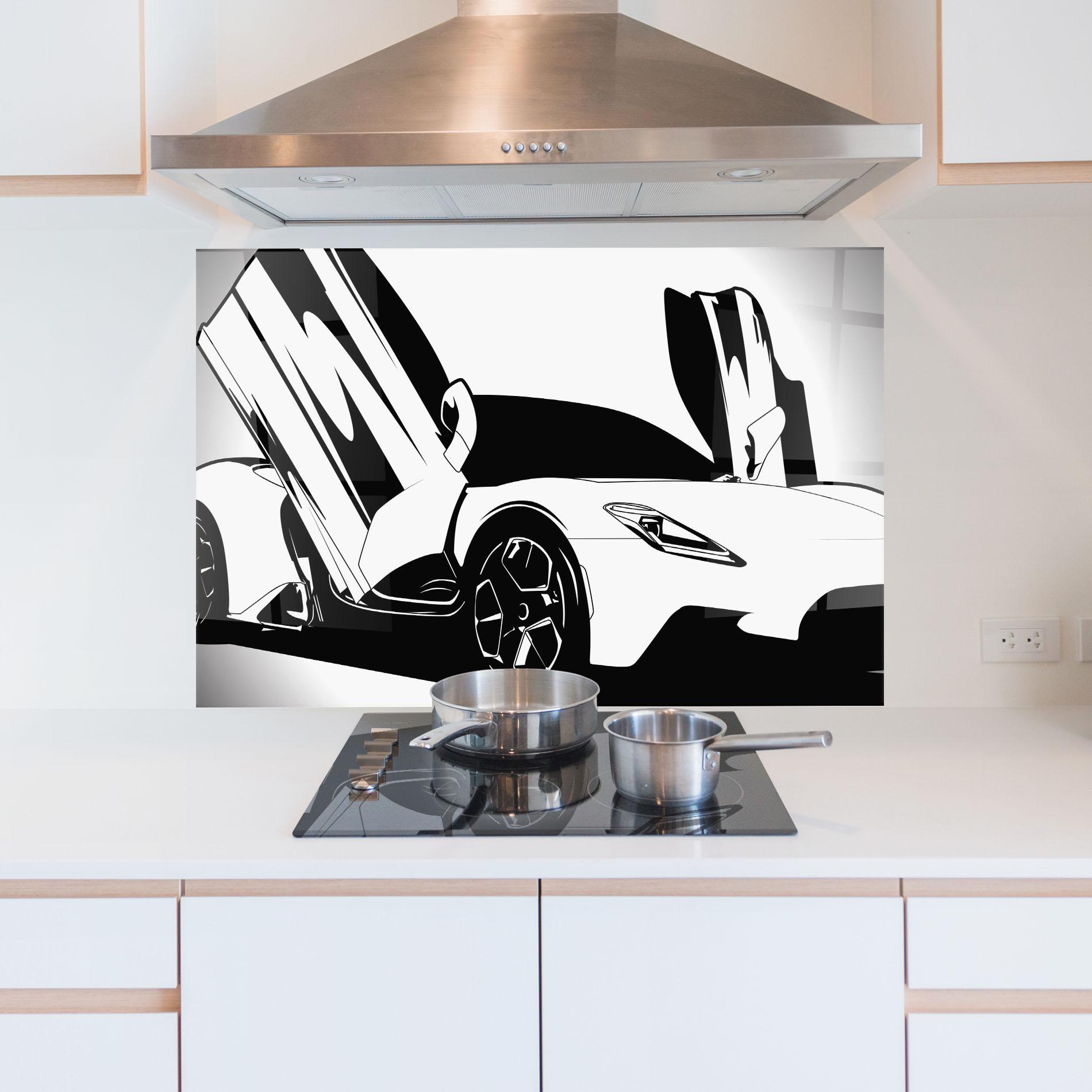Panou Sticla Bucatarie Black White Car mockup 5