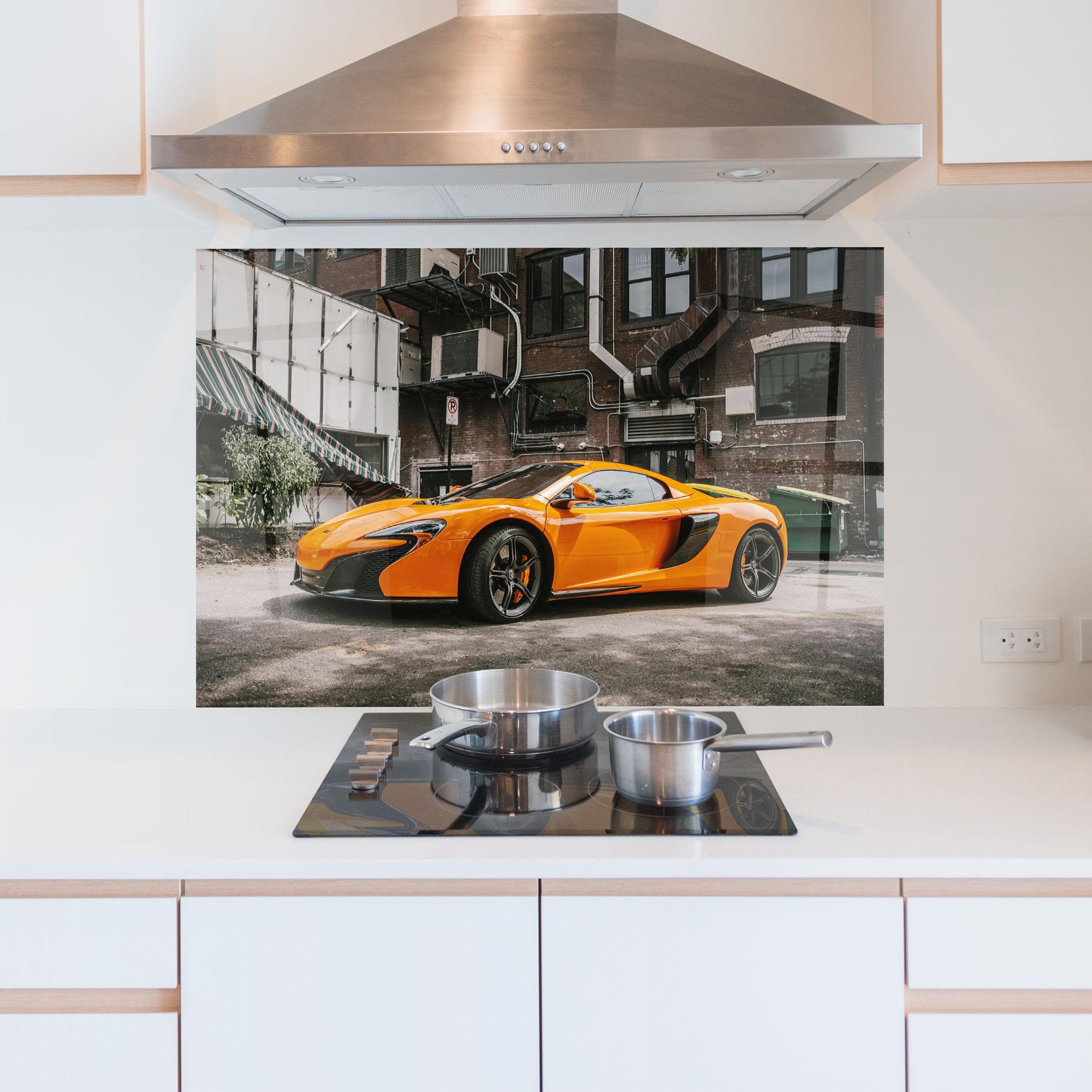 Panou Sticla Bucatarie Orange Mclaren Photo mockup 5