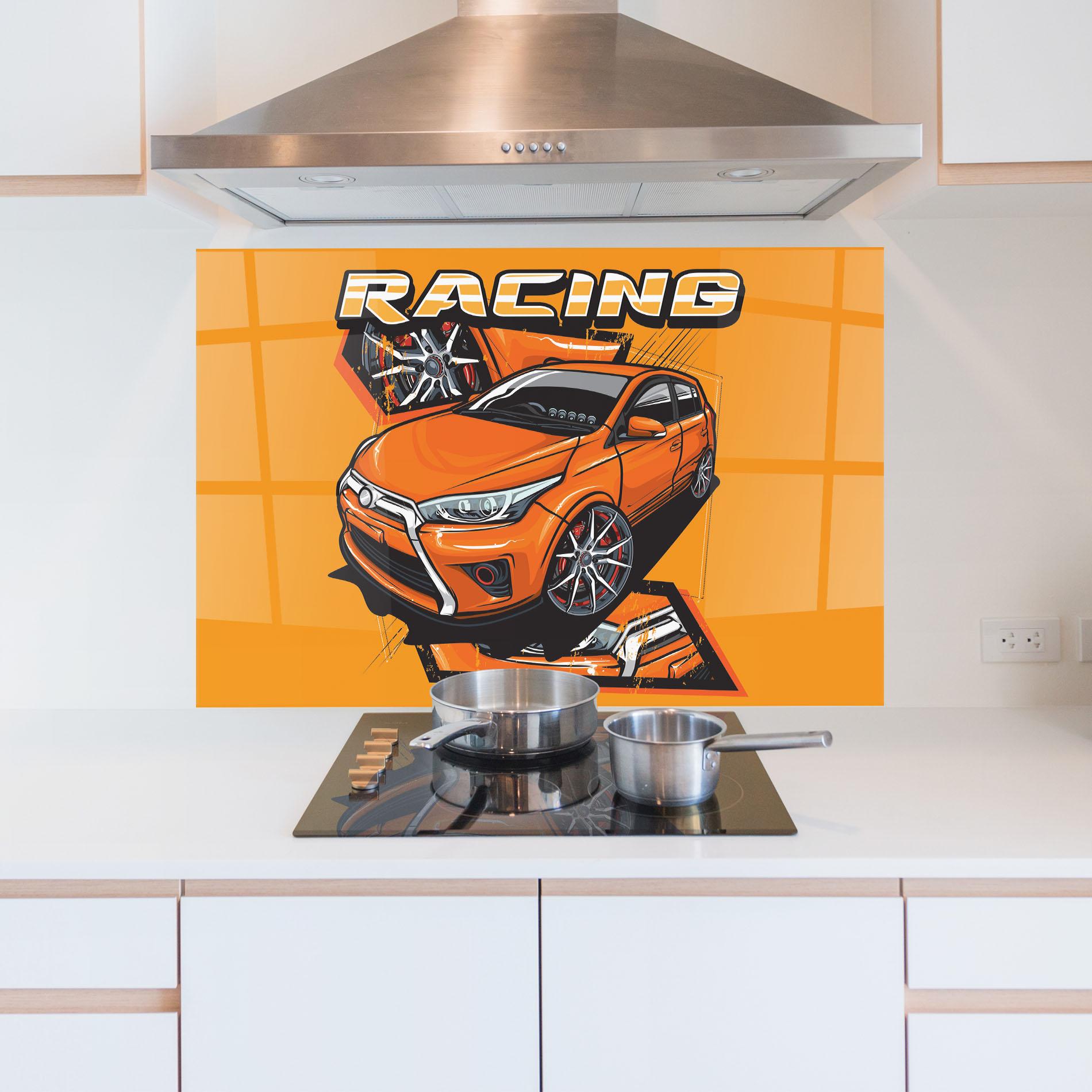 Panou Sticla Bucatarie Racing Orange Car mockup 5