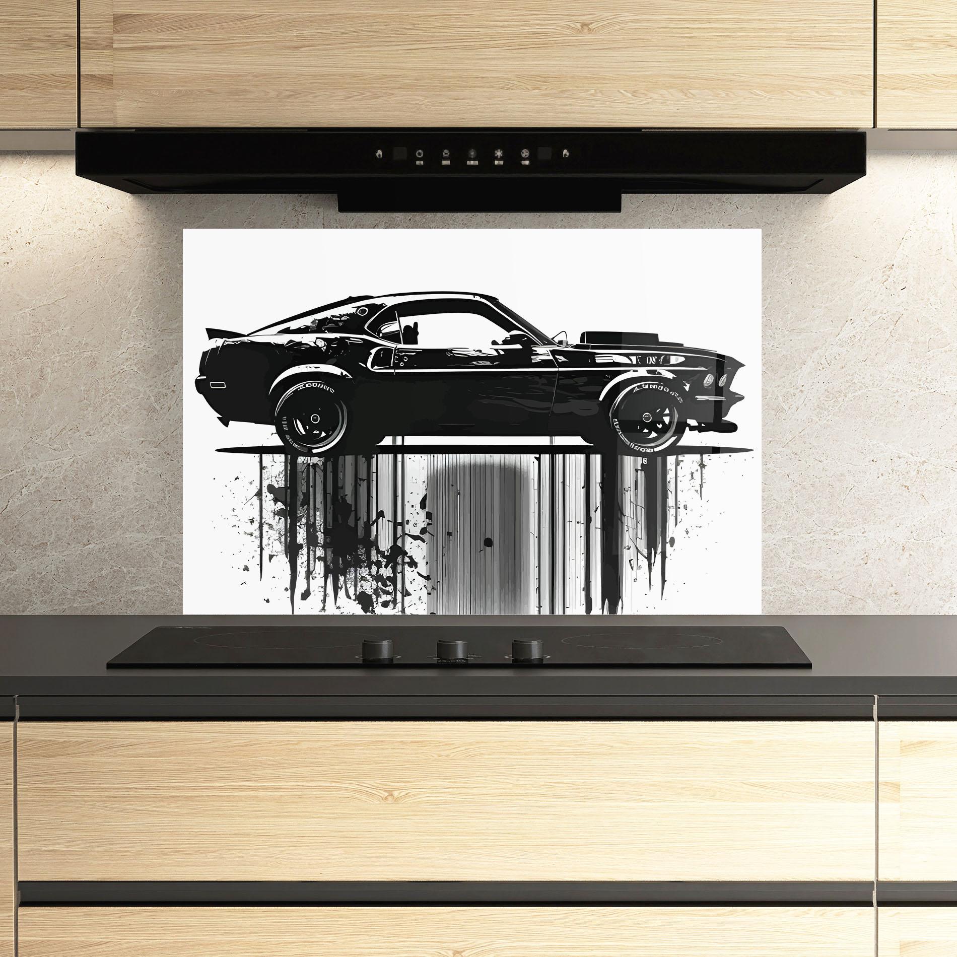 Panou Sticla Bucatarie Black Car Drowing mockup 3