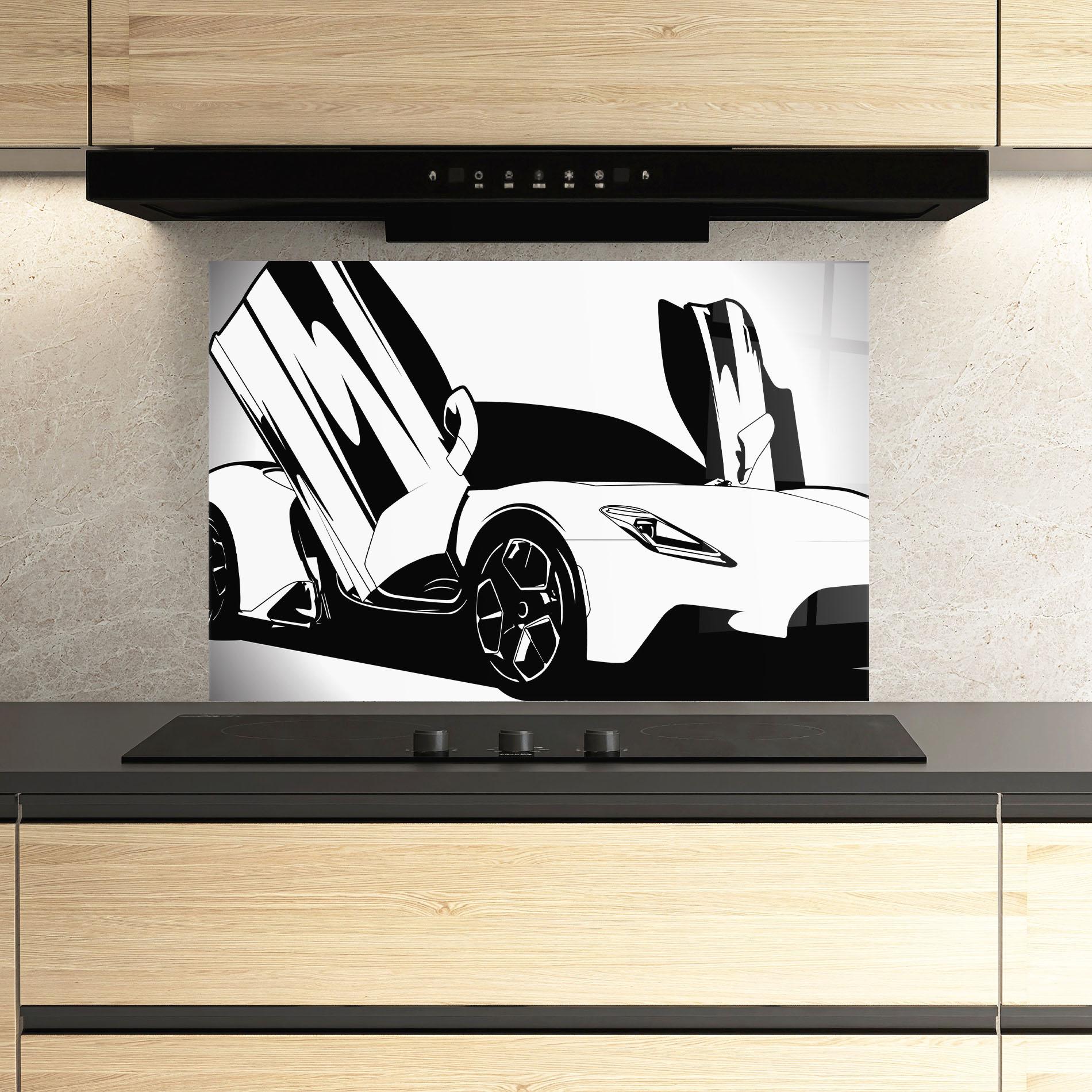 Panou Sticla Bucatarie Black White Car mockup 3