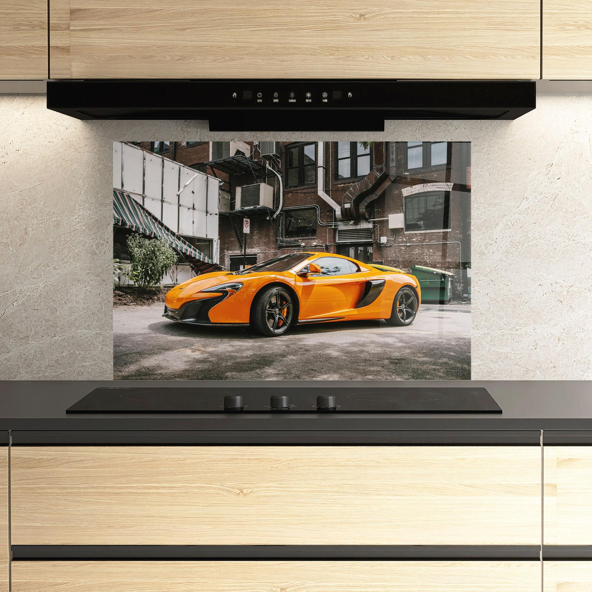 Panou Sticla Bucatarie Orange Mclaren Photo mockup 3