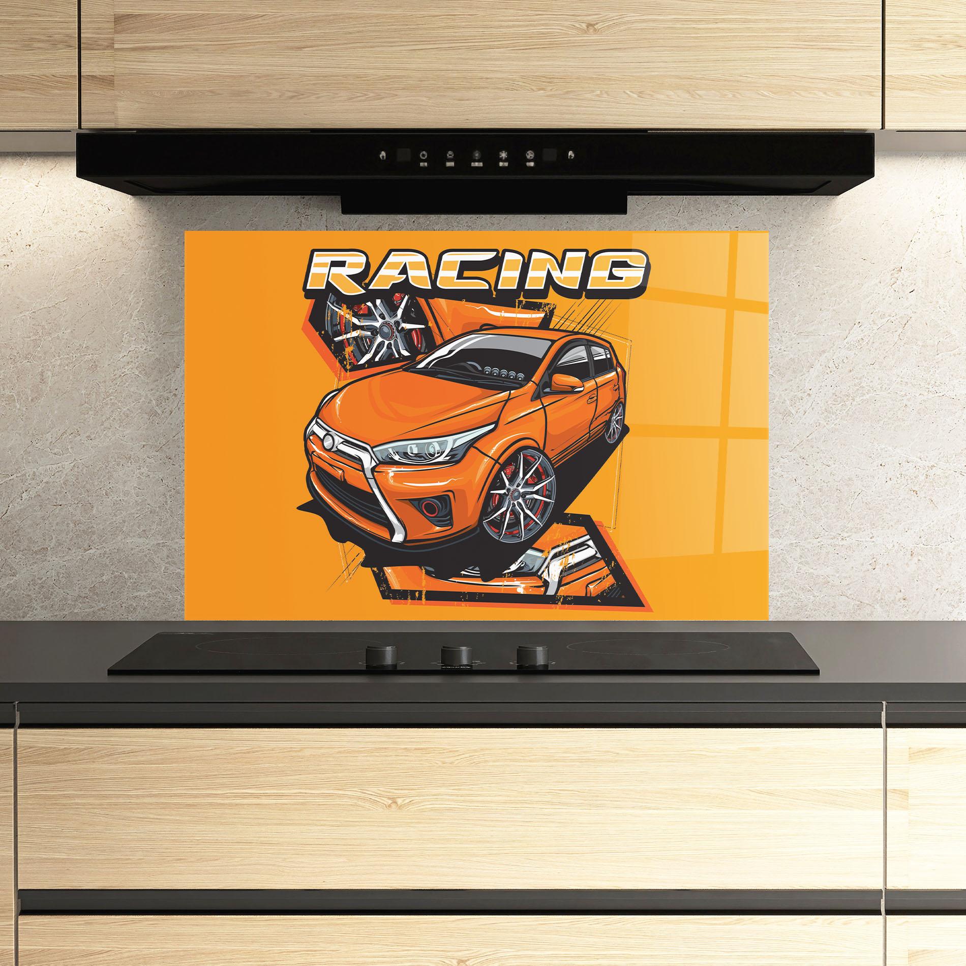 Panou Sticla Bucatarie Racing Orange Car mockup 3