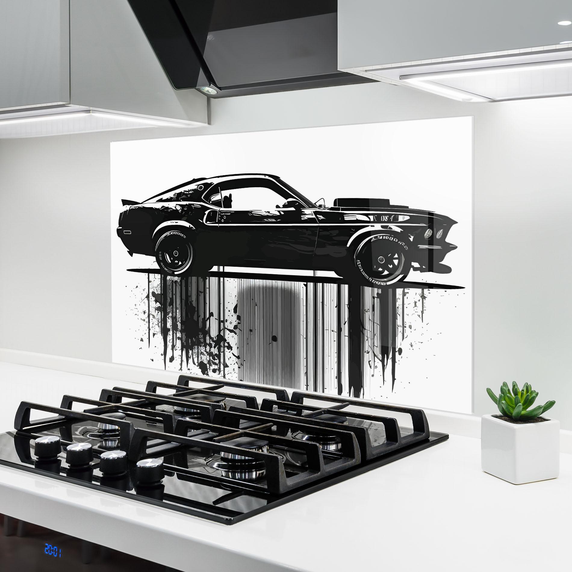 Panou Sticla Bucatarie Black Car Drowing mockup 6