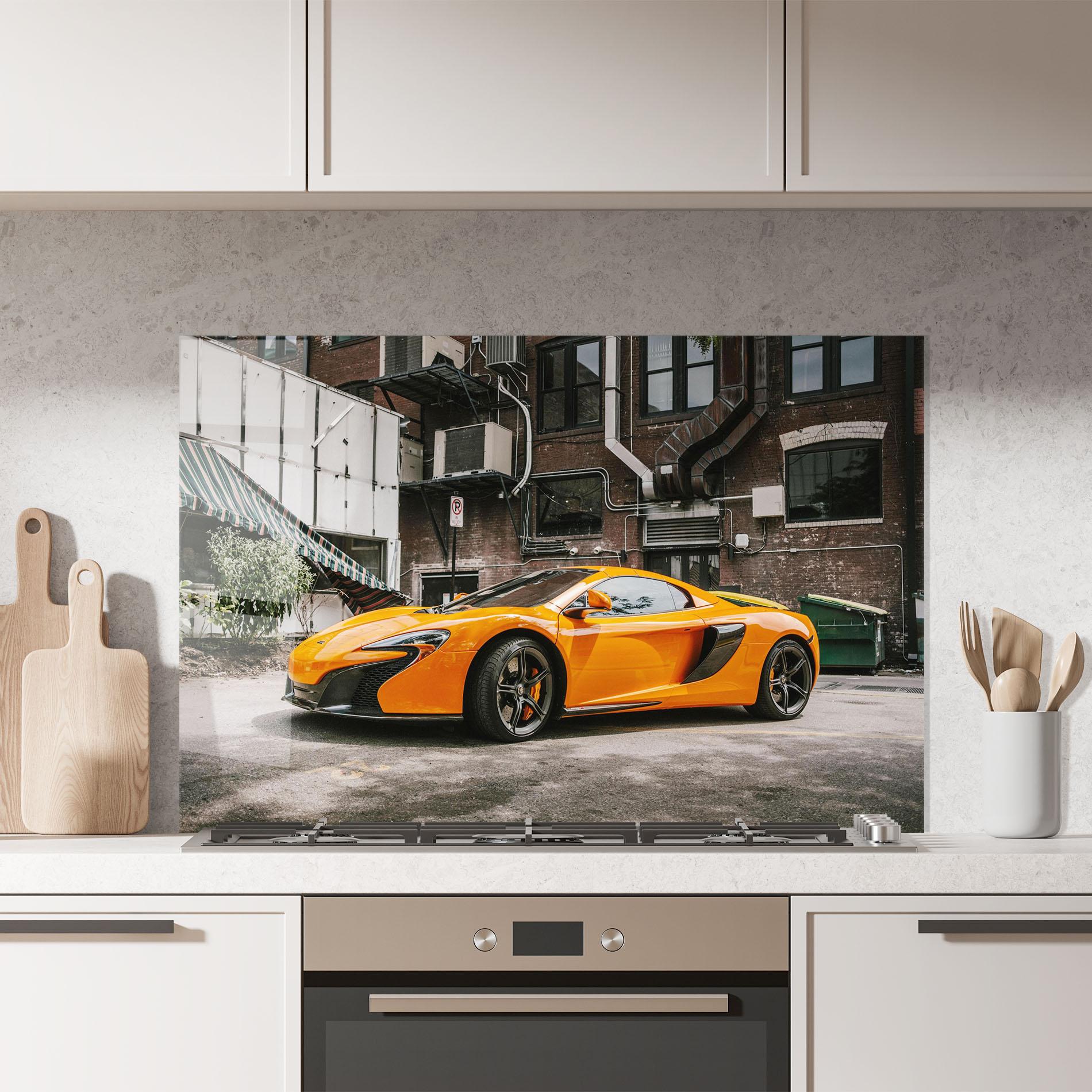 Panou Sticla Bucatarie Orange Mclaren Photo mockup 7