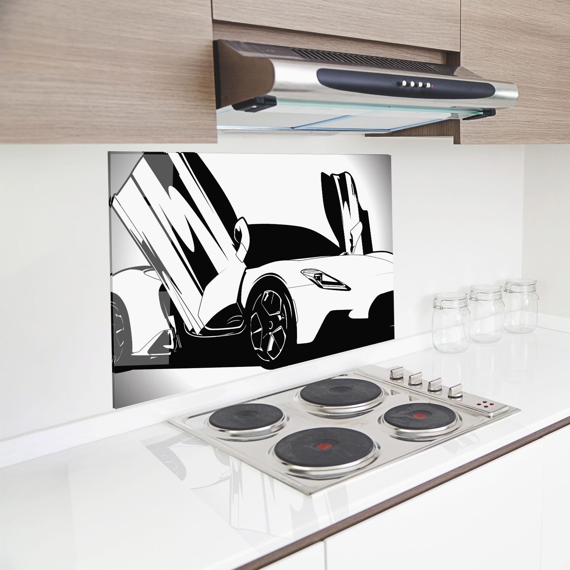 Panou Sticla Bucatarie Black White Car mockup 8