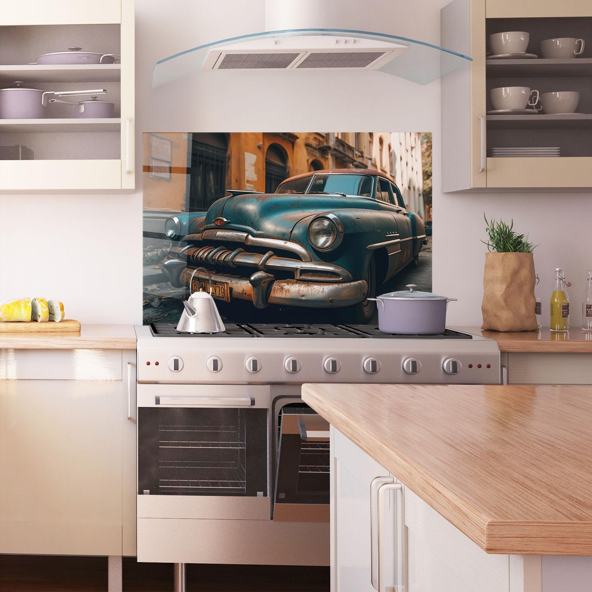 Panou Sticla Bucatarie Blue Old Car mockup 1