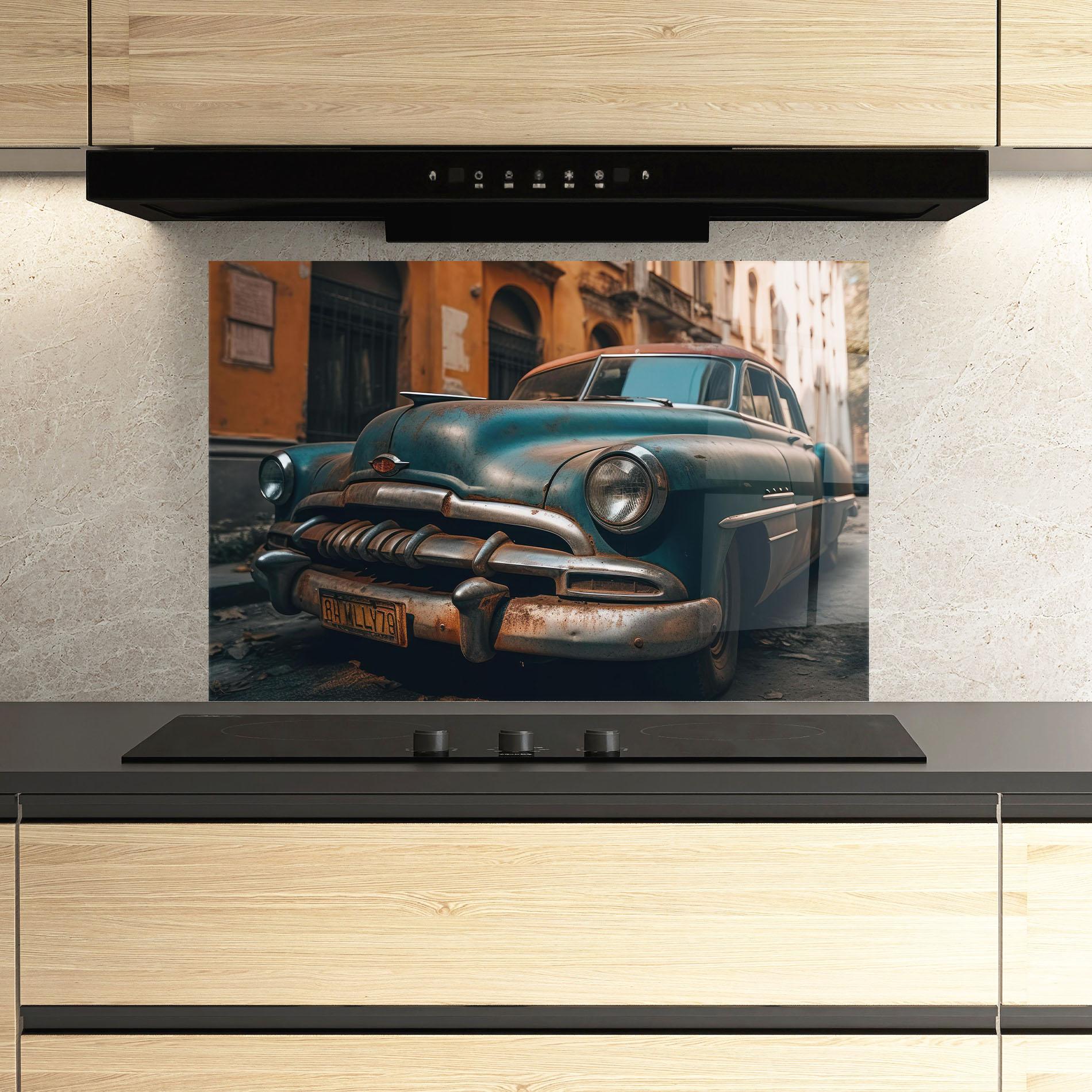 Panou Sticla Bucatarie Blue Old Car mockup 3