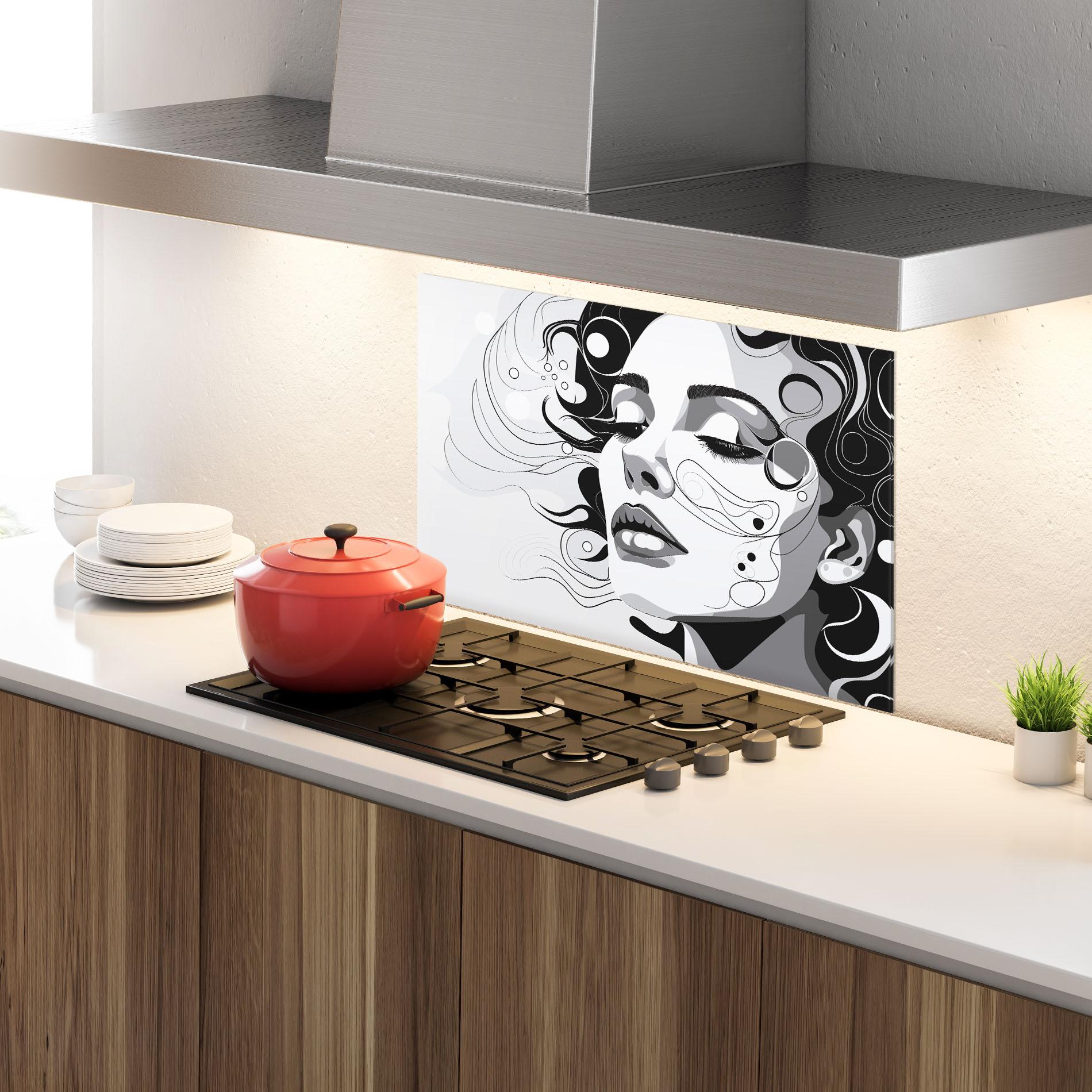 Panou Sticla Bucatarie Grey Face Woman mockup 4