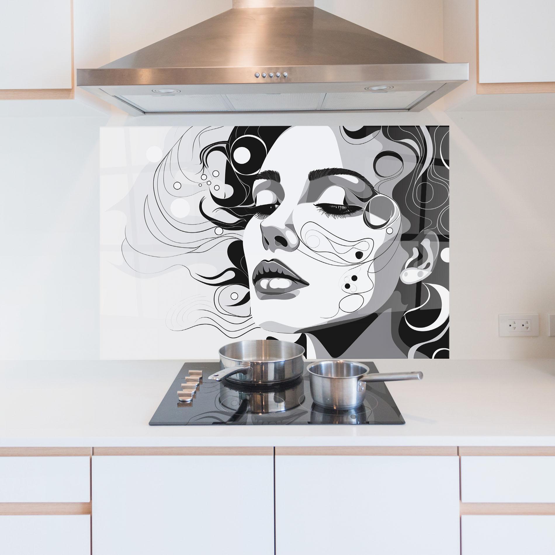 Panou Sticla Bucatarie Grey Face Woman mockup 5