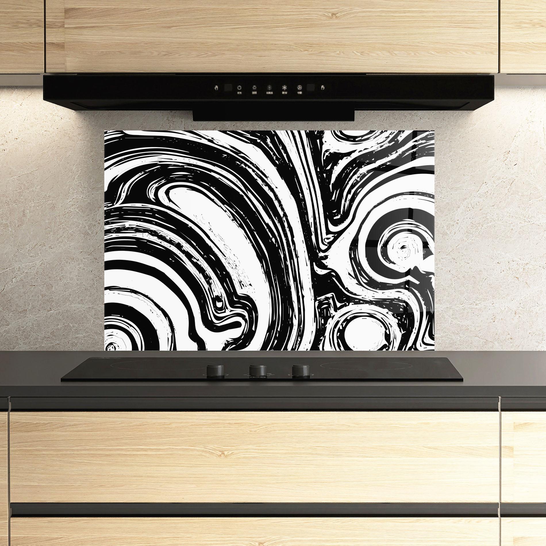 Panou Sticla Bucatarie Black Liquid White mockup 3