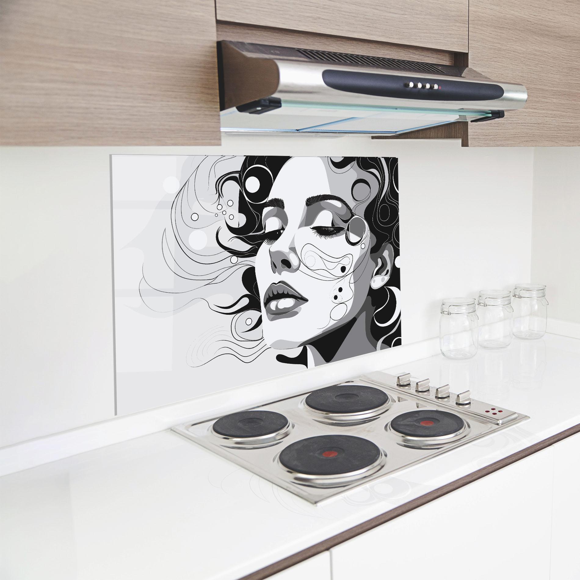 Panou Sticla Bucatarie Grey Face Woman mockup 8